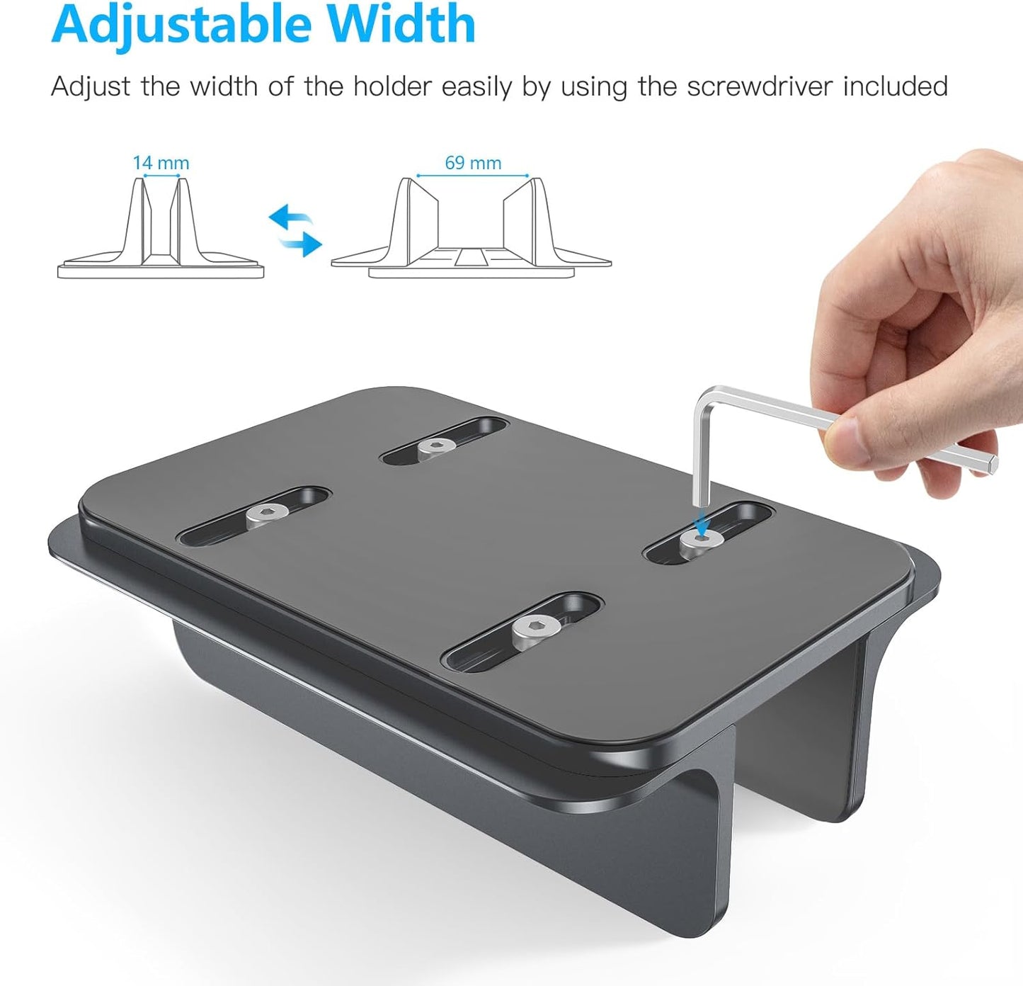 OMOTON Vertical Laptop Stand Holder, Desktop Aluminum MacBook Stand with Adjustable Dock Size, Fits All MacBook, Surface, Chromebook and Gaming Laptops (Up to 17.3 inches), Gray