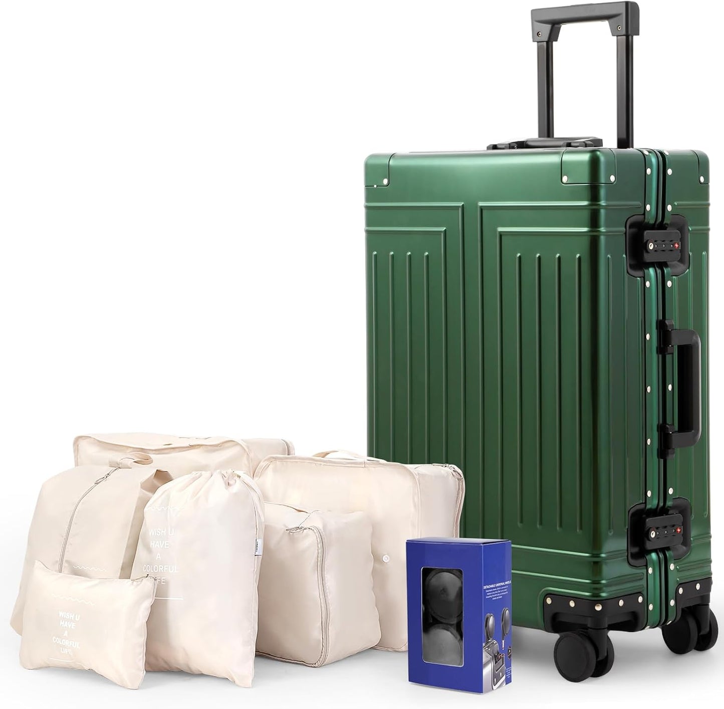 All Aluminum Carry On Luggage๏ผCut from Whole Aluminum Sheet๏ผ22x14x9 Airline Approved ๏ผ๏ผ3rd Generation๏ผPremium Metal zipperless suitcase ๏ผ (green, 26inch)