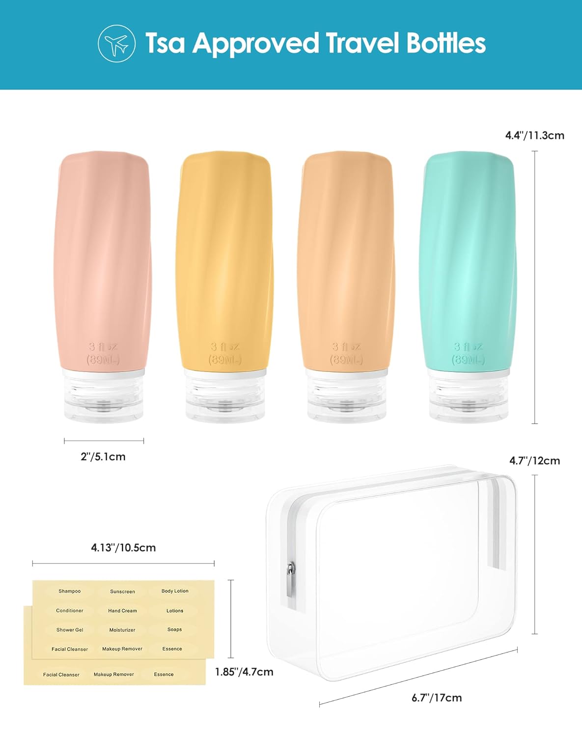 Morfone Travel Bottles for Toiletries, 3oz TSA Approved Travel Size Containers Leak Proof Squeezable Travel Accessories Refillable for Shampoo Conditioner Lotion Liquids(4Pack)