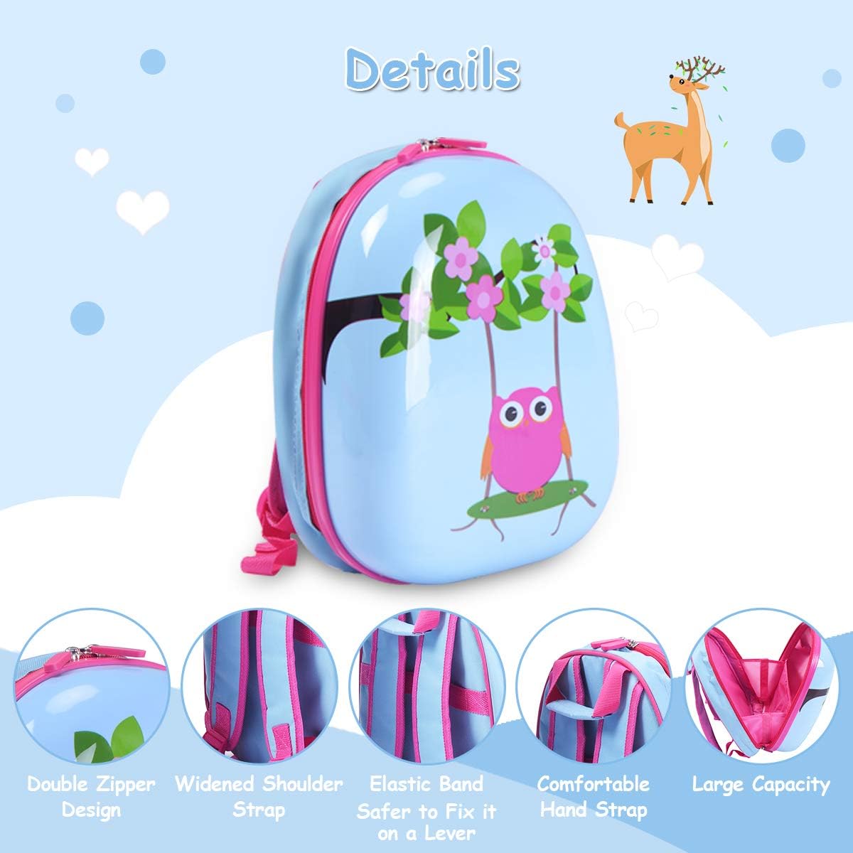 HONEY JOY Kids Luggage, 12” Travel Backpack & 16” Hard Shell Toddler Suitcase, Children Rolling Luggage with Wheels, Retractable Handle & 4 Casters, 2Pcs Carry On Luggage Set for Boys Girls(Deer)