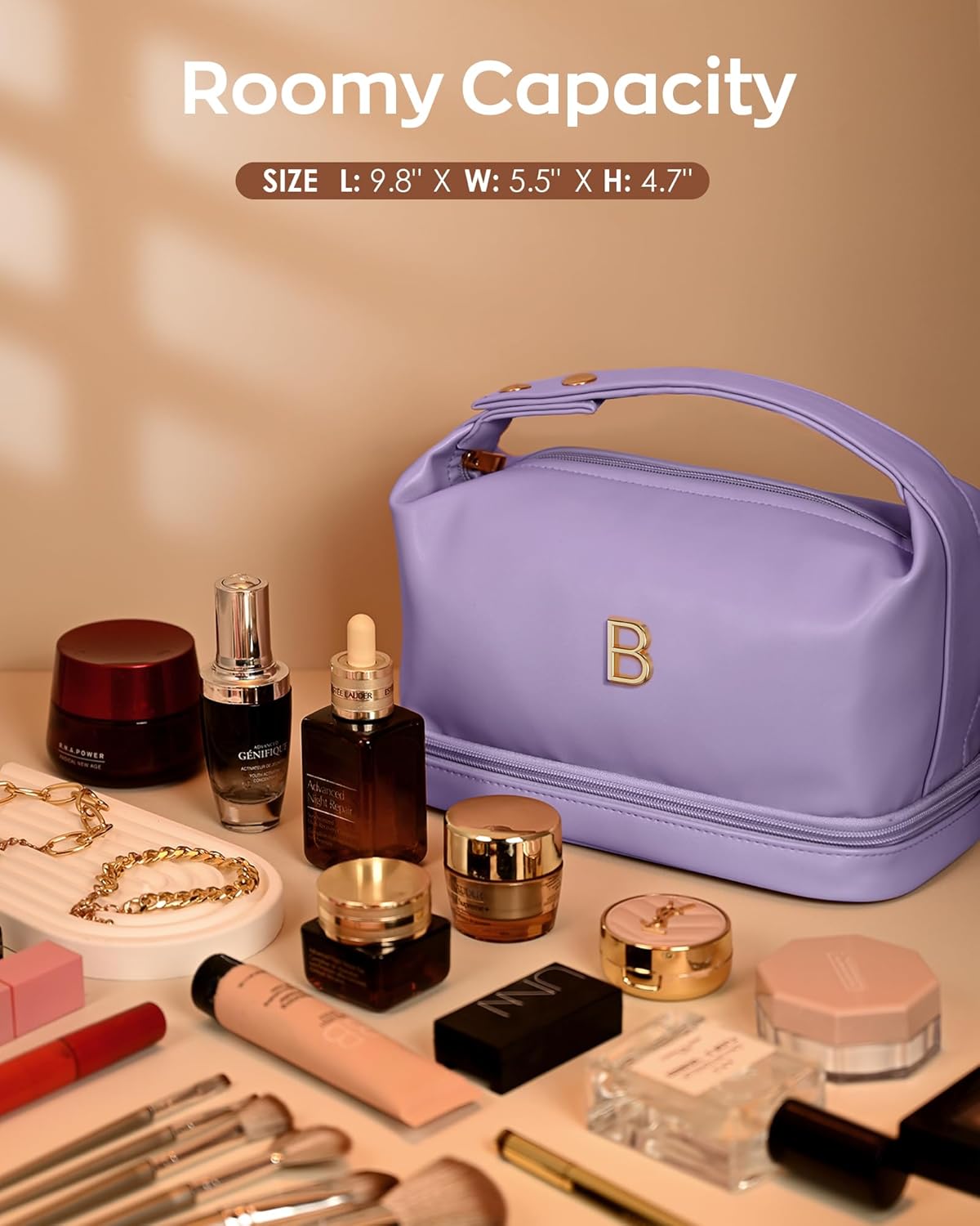 Girlfriend Gifts, Personalized Makeup Bag with Handle, Initial Double Layer Cosmetic Bag with Makeup Brush Organizer, PU Leather Travel Toiletry Bag Gifts for Women Her Friend Sister Mom Gift