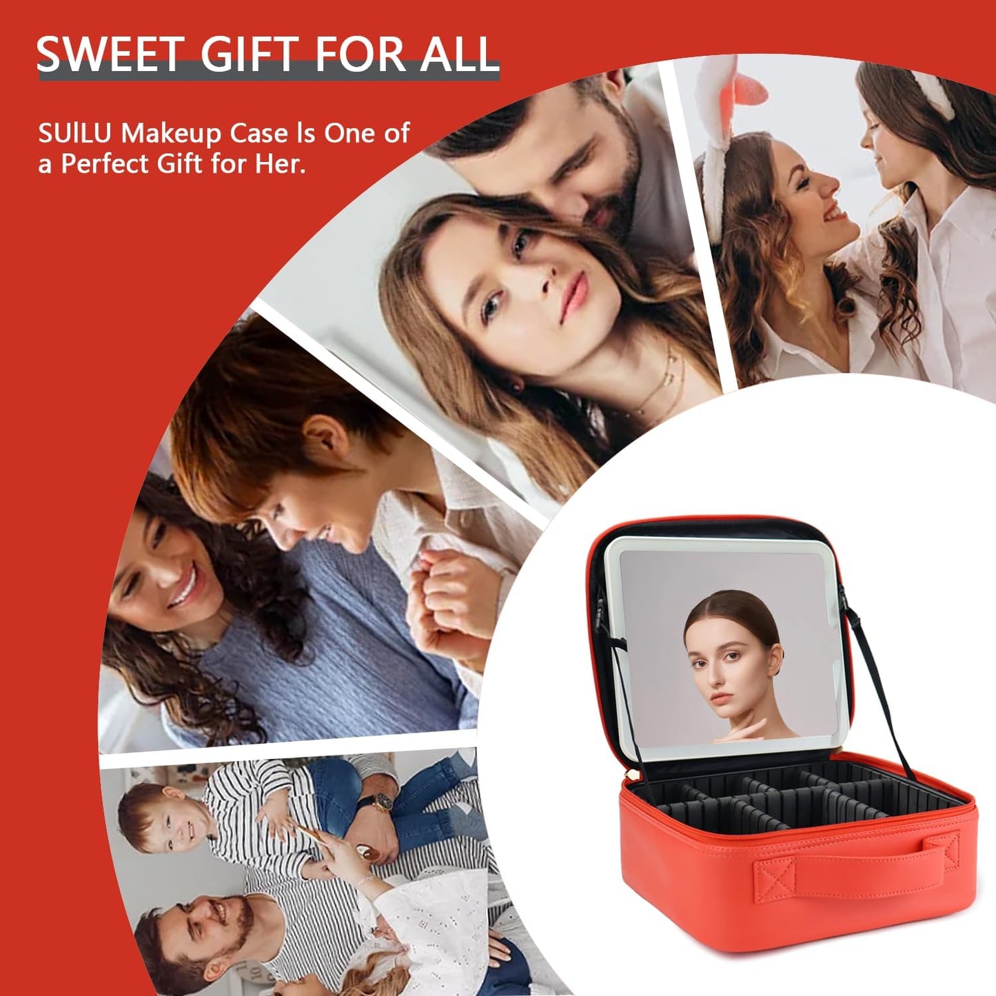 Makeup Bag with Led Mirror,Travel Makeup Organizer with 3 Color Setting, Portable Storage and Adjustable Dividers Travel Makeup Bag(red)