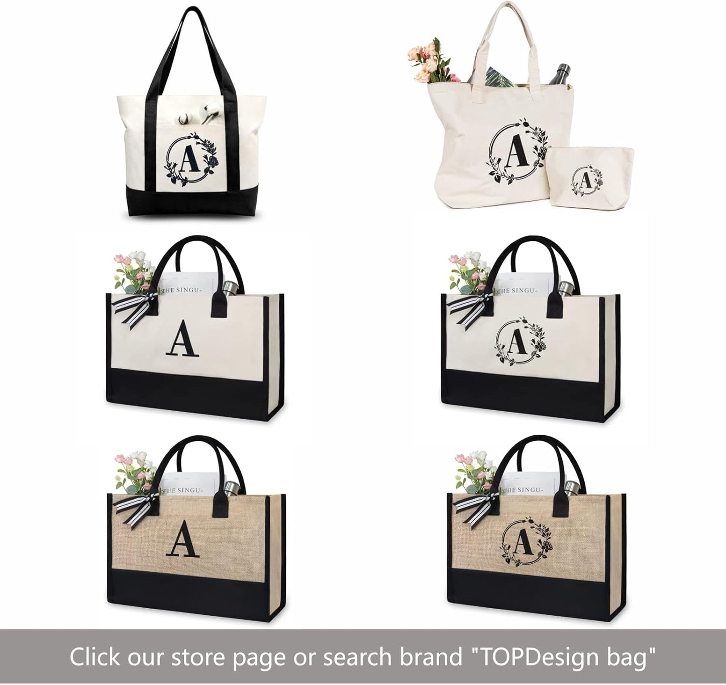 TOPDesign Initial Jute/Canvas Tote Bag, Personalized Present Bag, Suitable for Wedding, Birthday, Beach, Holiday, is a Great Gift for Women, Mom, Teachers, Friends, Bridesmaids (Letter M)