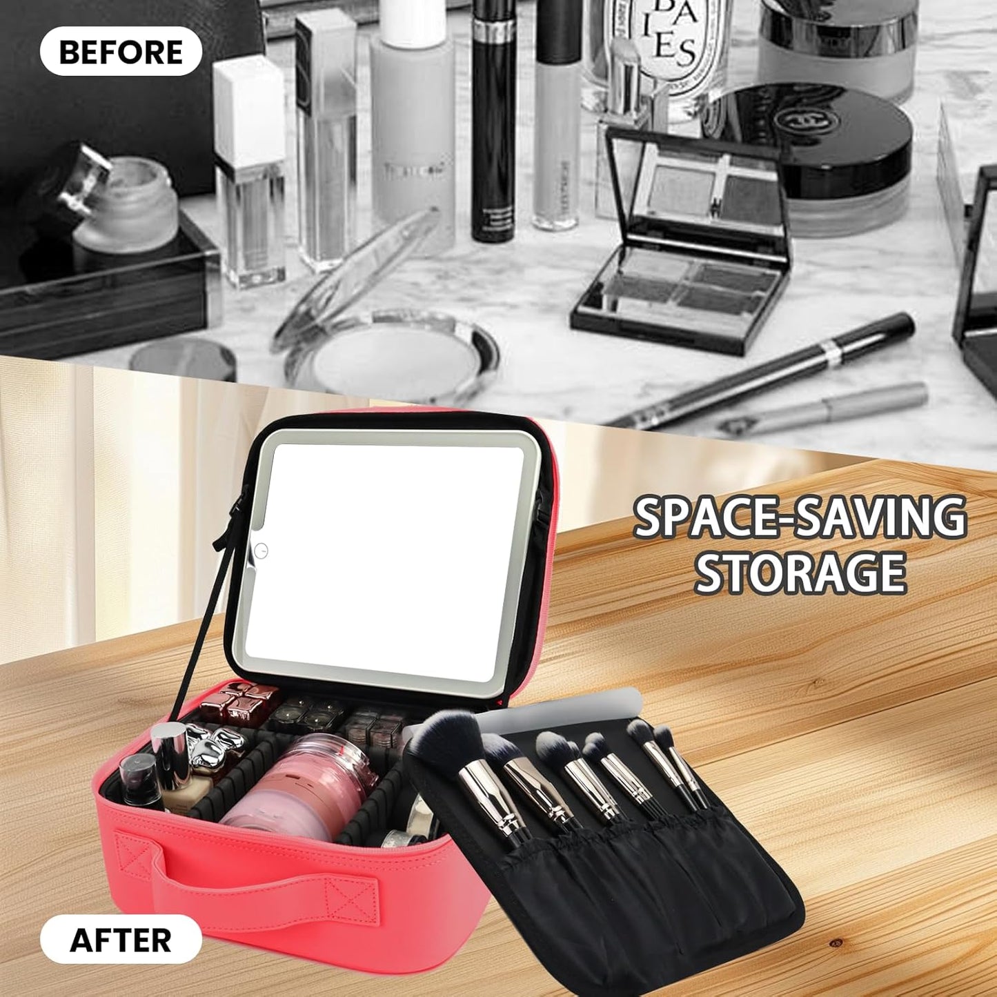 Travel Makeup Bag with LED Mirror and Light Makeup Travel Bag Organizer Portable Cosmetic Brush Organizer Bag with Adjustable Dividers for Cosmetics Makeup Brushes Toiletry (Light Red)
