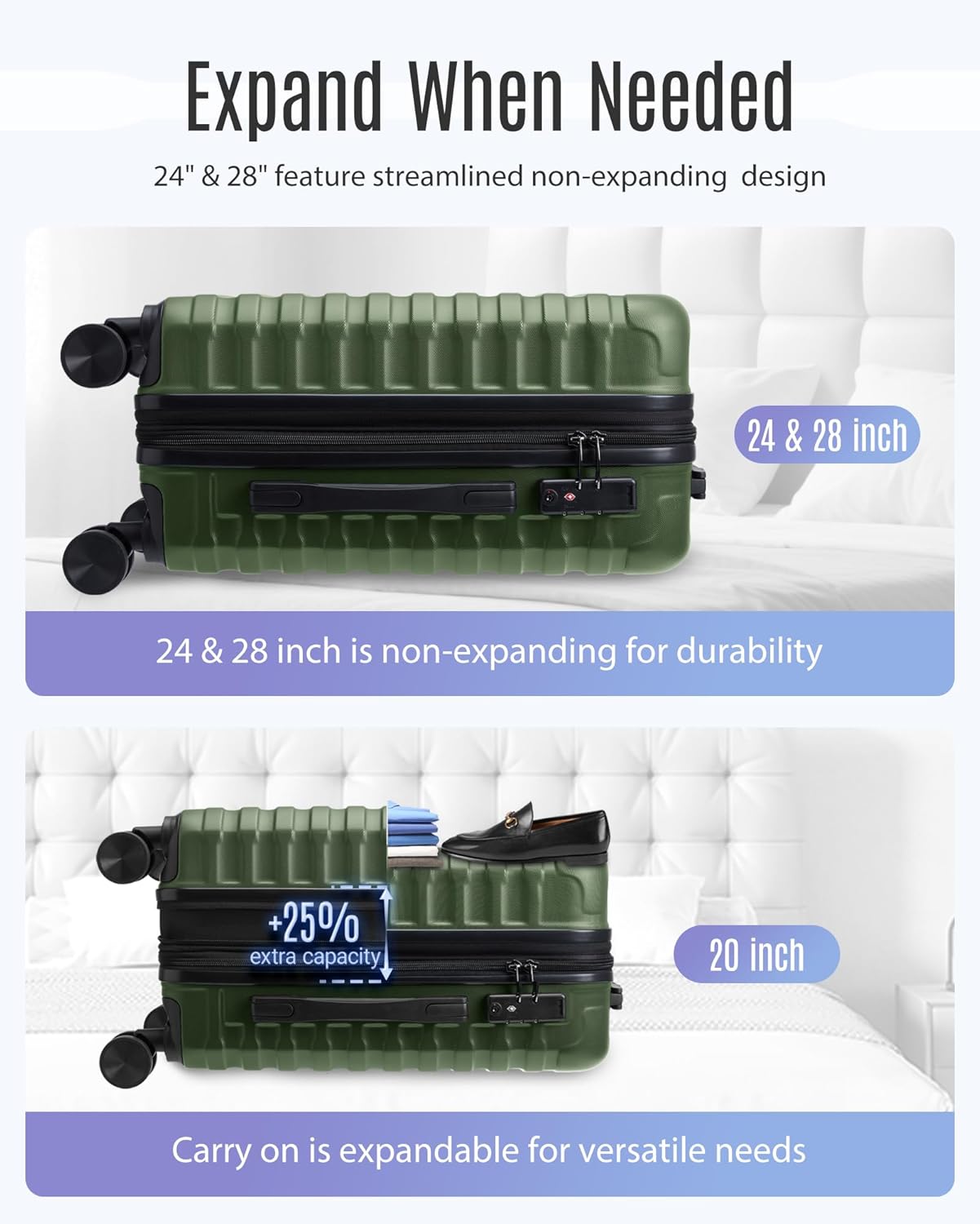 LIGHT FLIGHT Luggage Sets, 3 Piece Durable Suitcase Set with Spinner Wheels, 3 Pcs Hardside Lightweight luggage with TSA Lock, Large Checked Travel Suitcases, 20/24/28 Inch, Pine Green