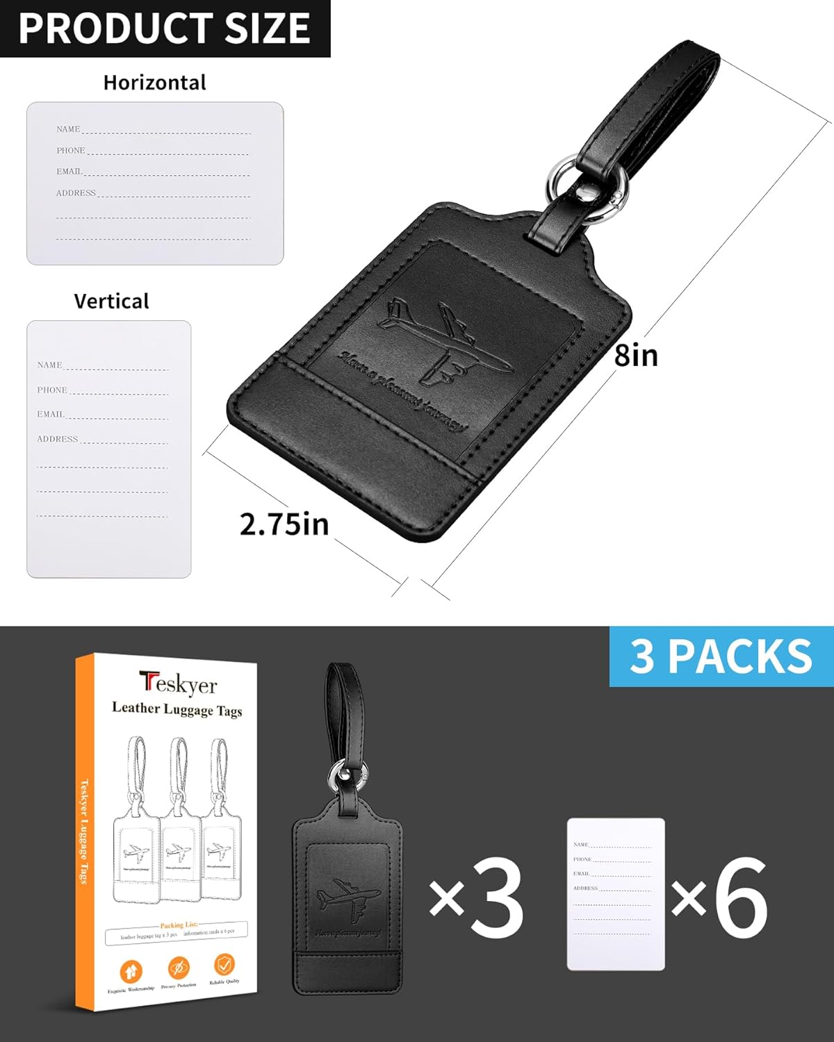 Teskyer Luggage Tags, 3 Pack PU Leather Luggage Tags for Suitcases, Privacy Protection Bag Tags Travel Essentials, Black