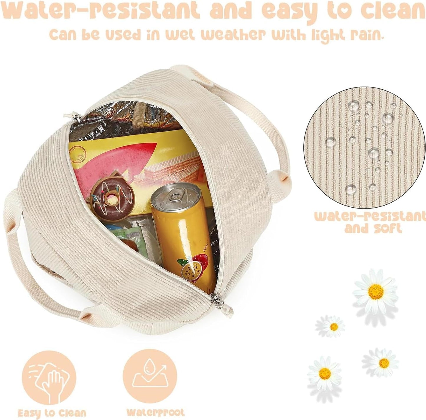 Bluboon Lunch Bag for Women Men Cute Corduroy Lunch Tote Bags Reusable Insulated Lunch Box Large Capacity Reusable Insulated Cooler for Work Picnic or Travel