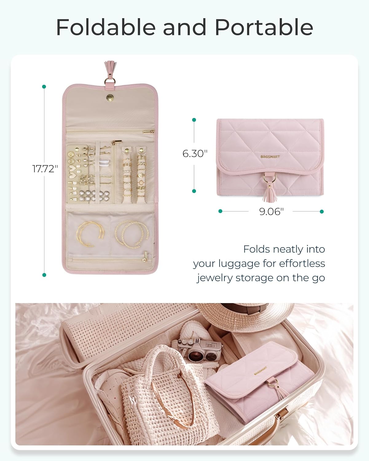 BAGSMART Travel Jewelry Case Organizer, Roll Foldable Jewelry Case for Journey-Rings, Necklaces, Earrings, Bracelets, Brooches, Portable Travel Essentials, Elegant Soft Beige