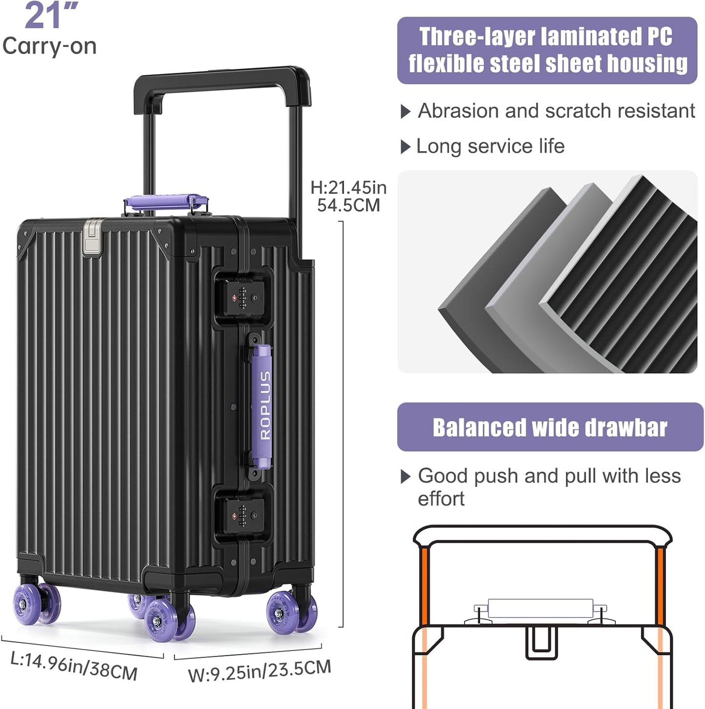 Aluminium Frame Checked-Luggage with Smooth Jelly Wheels, Hardside Zipperless Rolling Suitcase with TSA Lock (BlackPurple, 24-Inch)