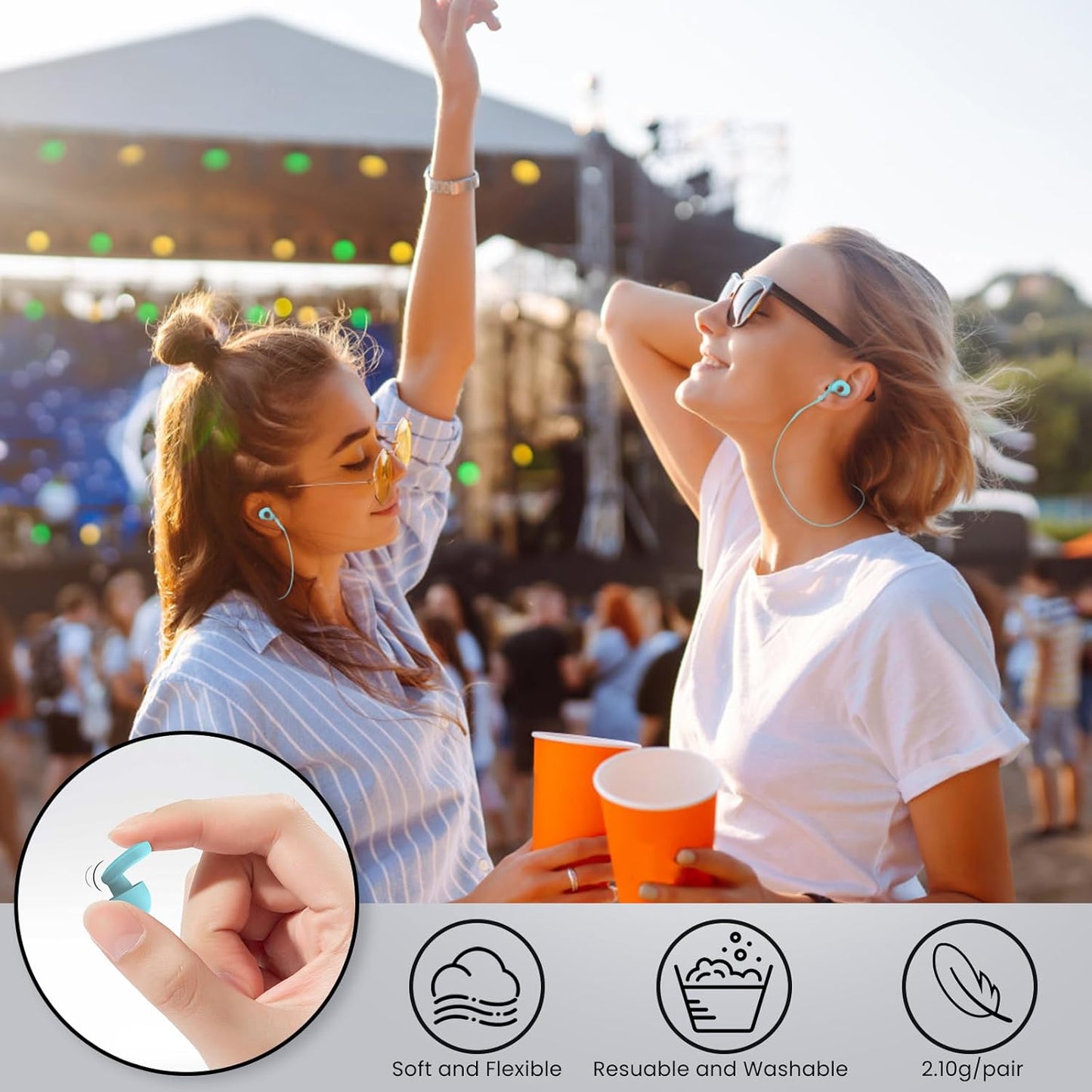 2 Pairs of Earplugs for Sleeping,Reusable Hearing Protection Earplugs with 8 Pairs Ear Tips & One Connector Cord,Soft Earplugs for Noise Reduction,Concert,Musician & Work - 25dB-30dB, Sky Bue