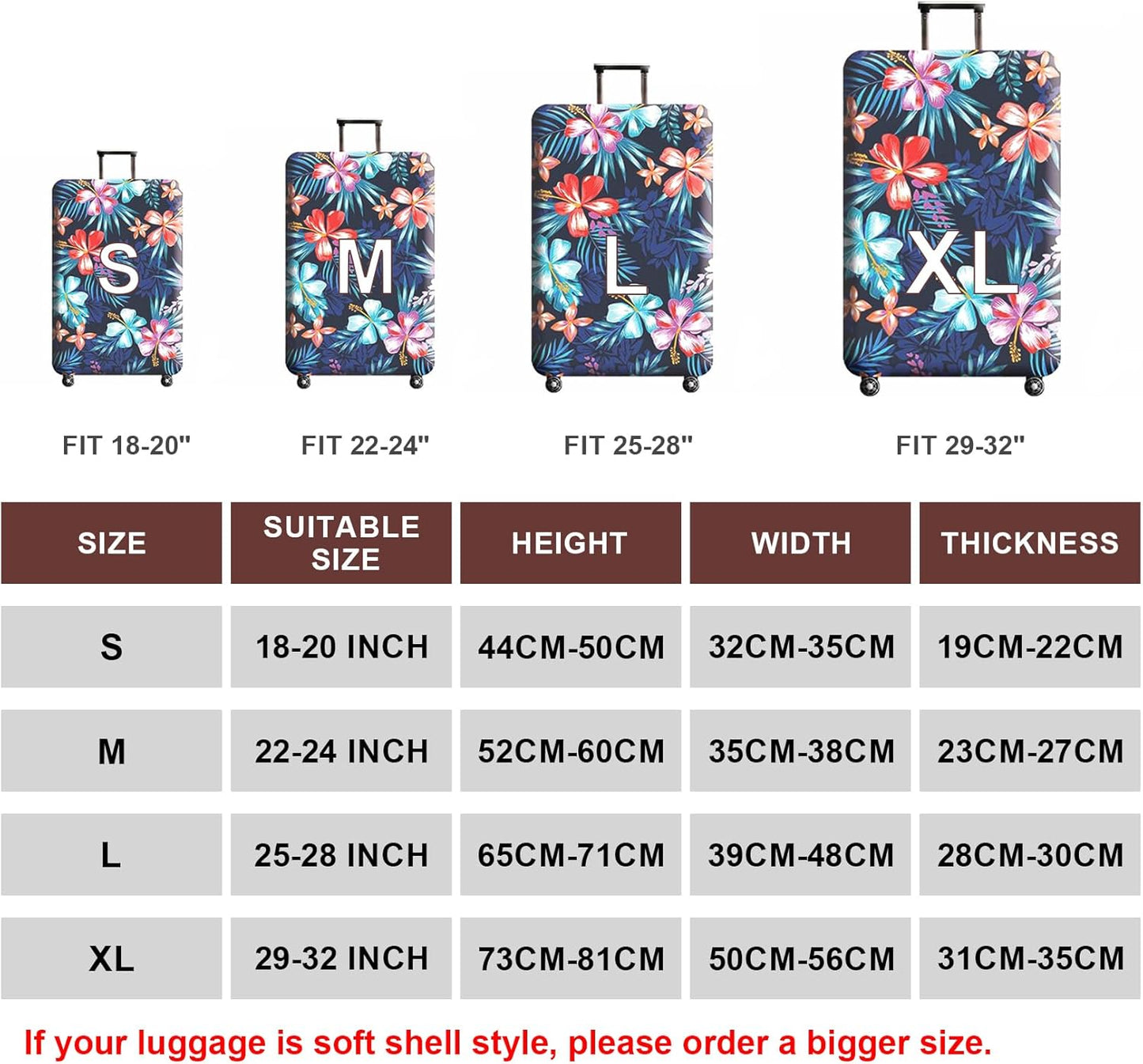 WUJIAONIAO Travel Luggage Cover Baggage Suitcase Protector Fit for 18-32 Inch Luggage (M (for 22-24 inch luggage), Flower)