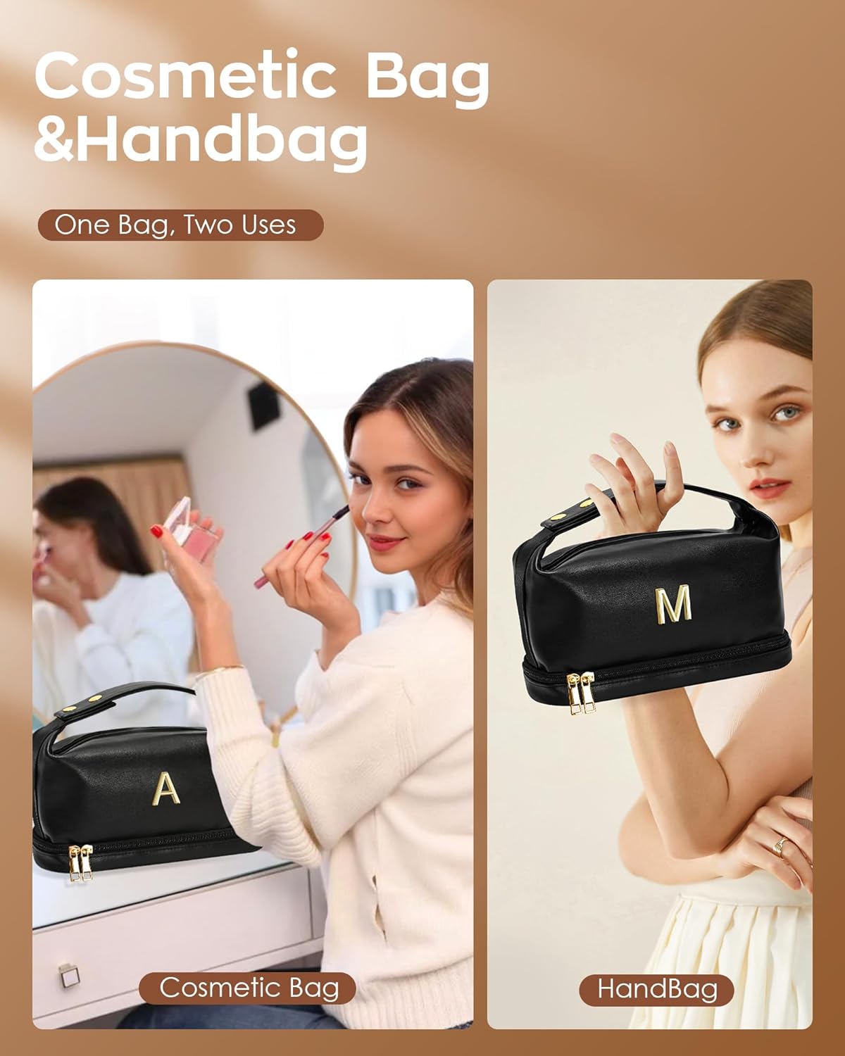 College Girls Gifts, Monogrammed Gifts for Women Makeup Bag with Handle, Double Layer Cosmetic Bag with Makeup Brush Organizer, PU Leather Travel Toiletry Bag, Gifts for Friends Female Mom