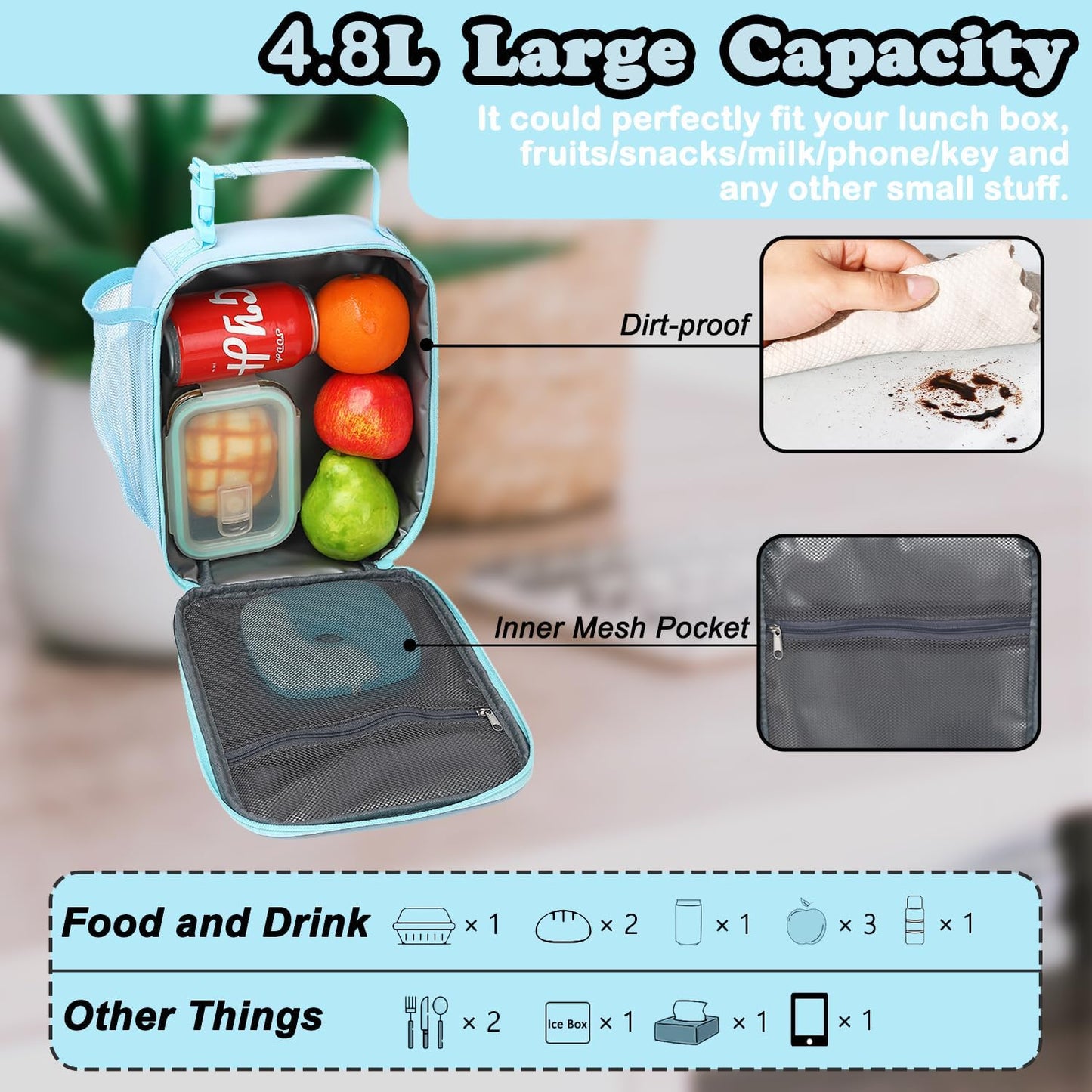 FlowFly Lunch box Insulated Soft Bag Mini Cooler Back to School Thermal Meal Tote Kit With Buckle and Mesh Side Pocket for Girls, Boys, BlueWithLetter