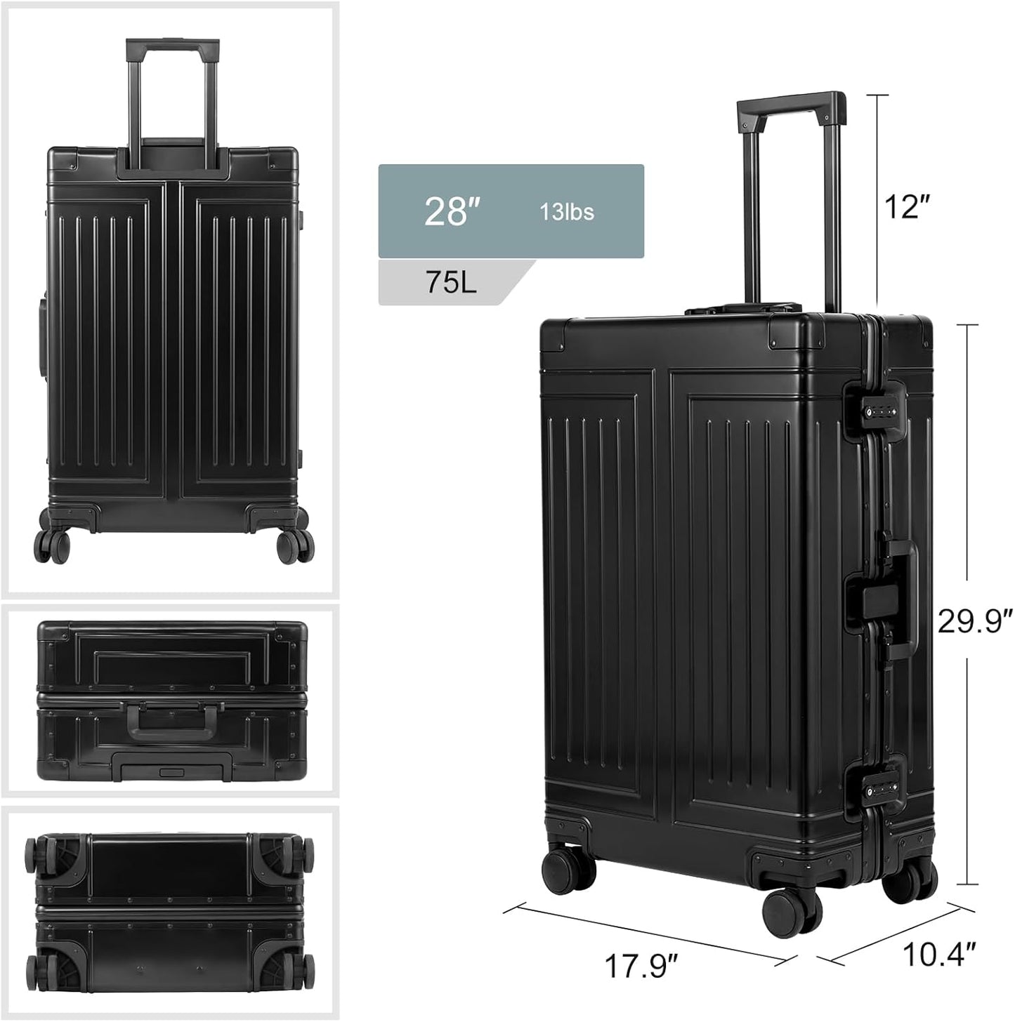 All Aluminum Carry On Luggage๏ผCut from Whole Aluminum Sheet๏ผ22x14x9 Airline Approved ๏ผ๏ผ3rd Generation๏ผPremium Metal zipperless suitcase ๏ผ (black, 28inch)