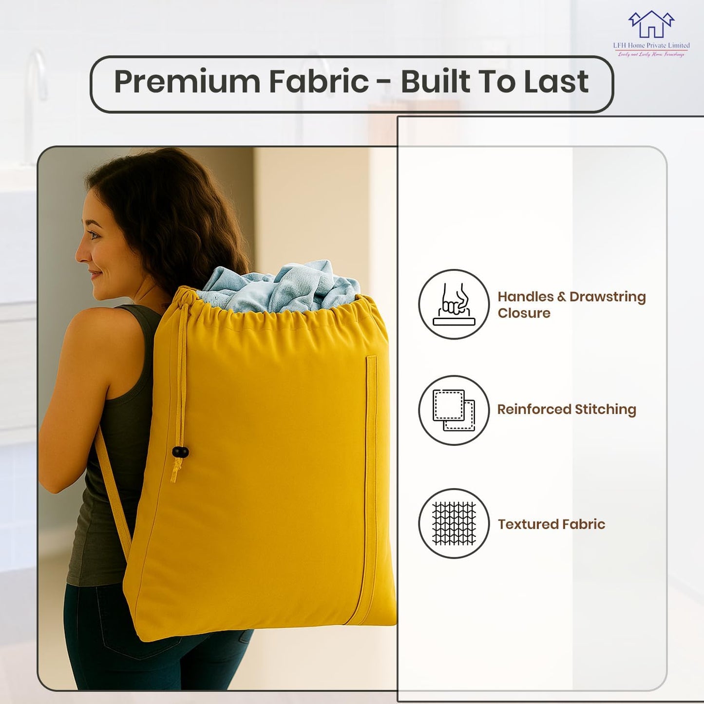 LFH Home Cotton Canvas Large Laundry Bag with Handle, Heavy Duty Drawstring Closure Washable Laundry Bags, School Travel, Home, Hotel, College Dorm, Organizer Sack, Toys Clothes 24x36-Yellow