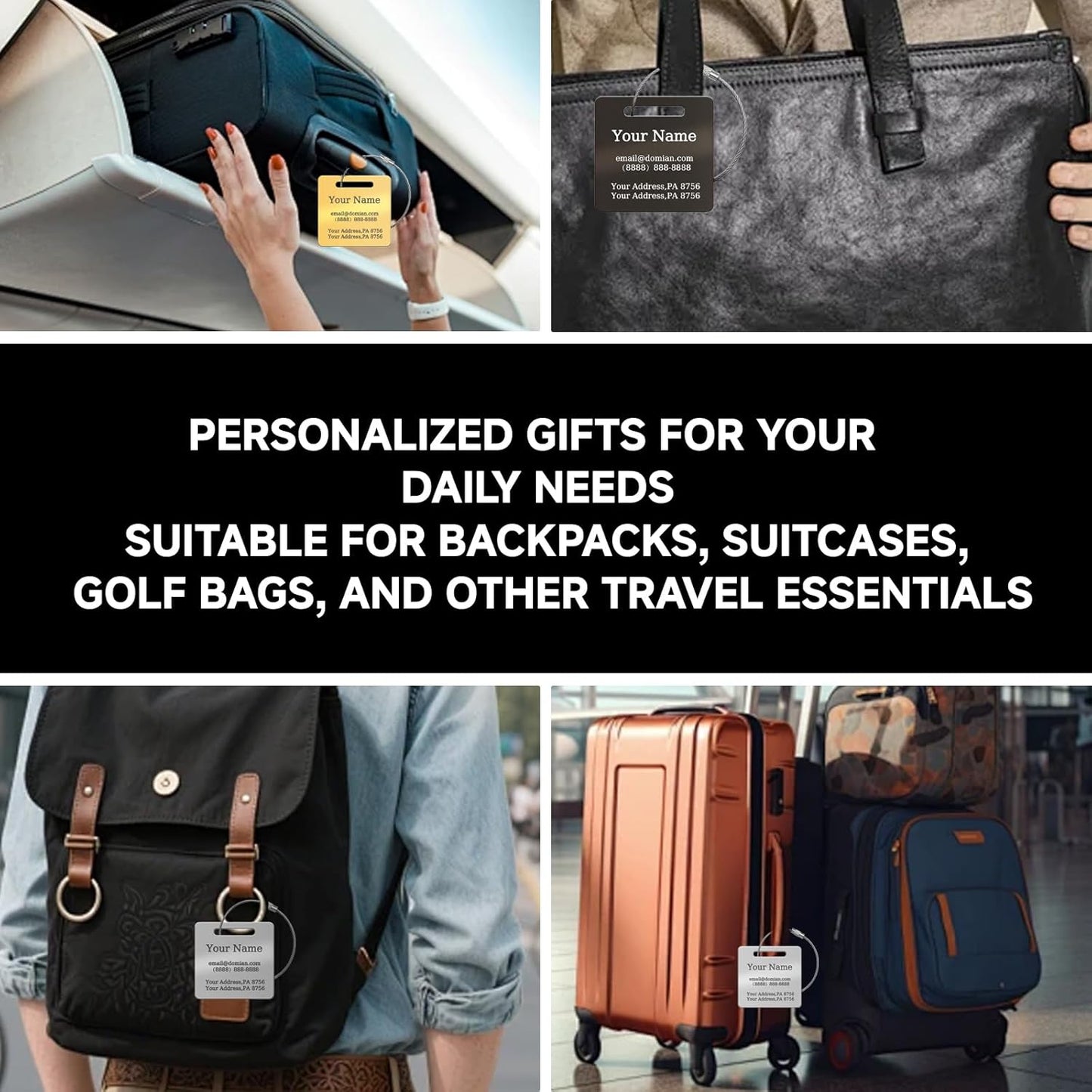 (2-Pack) Stainless Steel Custom Luggage Tags - Laser Engraved Personalized Travel Tags - Custom Name Identification Tags: for Suitcases, Backpacks, Bags and More (Black)