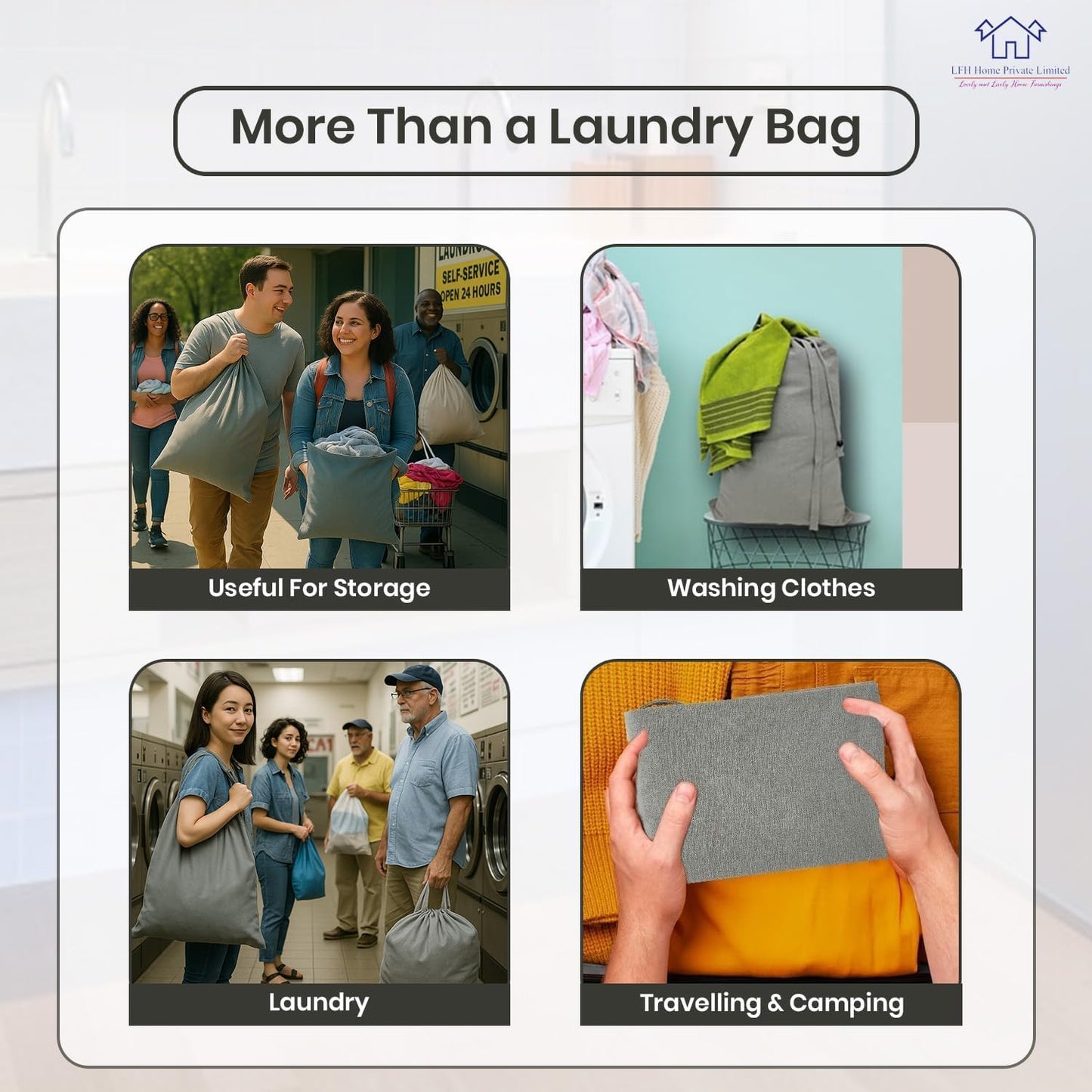 LFH Home Cotton Canvas Large Laundry Bag with Handle, Heavy Duty Drawstring Closure Washable Laundry Bags, School Travel, Home, Hotel, College Dorm, Organizer Sack, Toys Clothes 20x30 (Pack of 4)-Grey