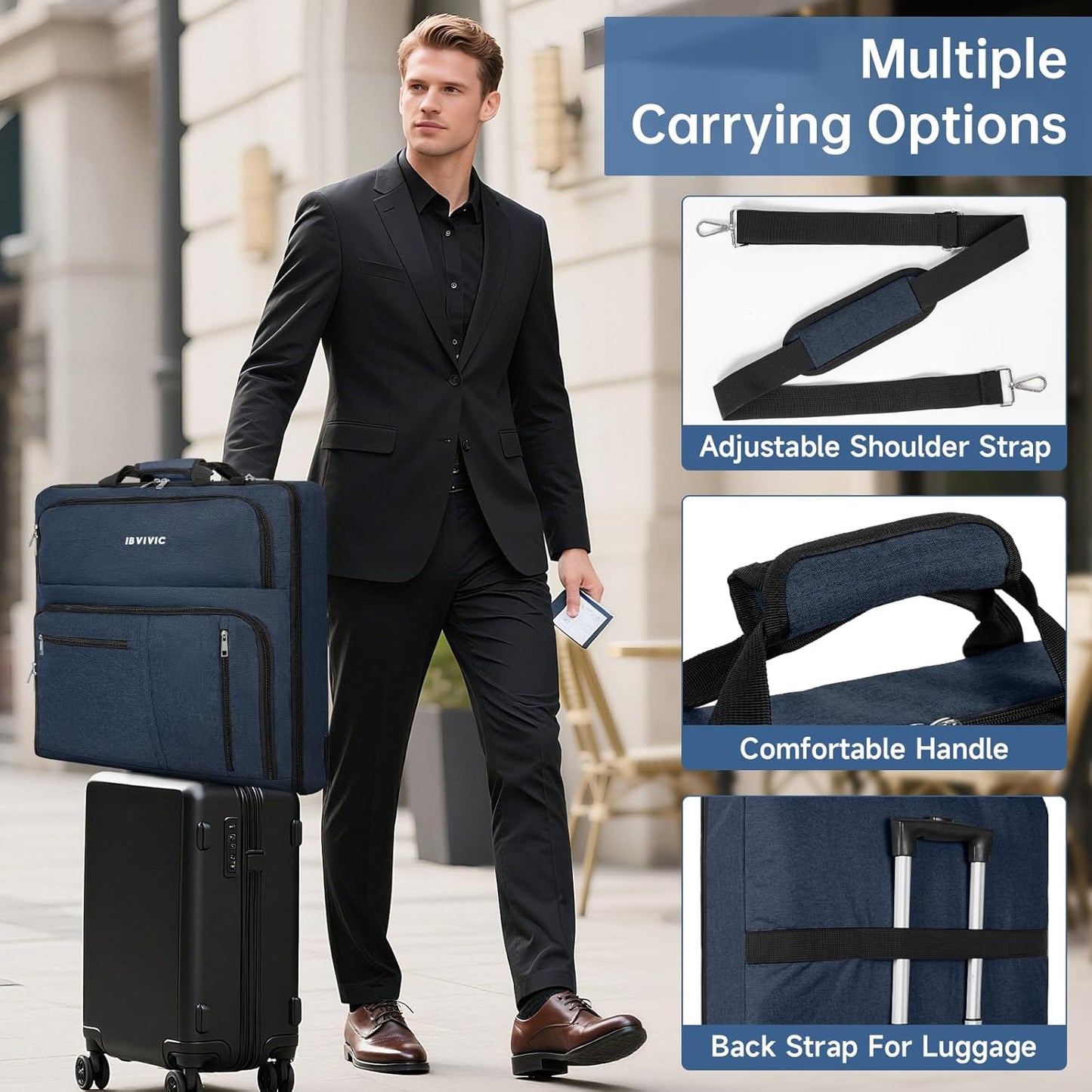 Garment Bags for Travel, 41'' Water-Resistant Carry On Garment Bag for Hanging Clothes, Large Suit Travel Bag Convertible Travel Garment Bag for Shirts, Dresses, Coats (Blue)