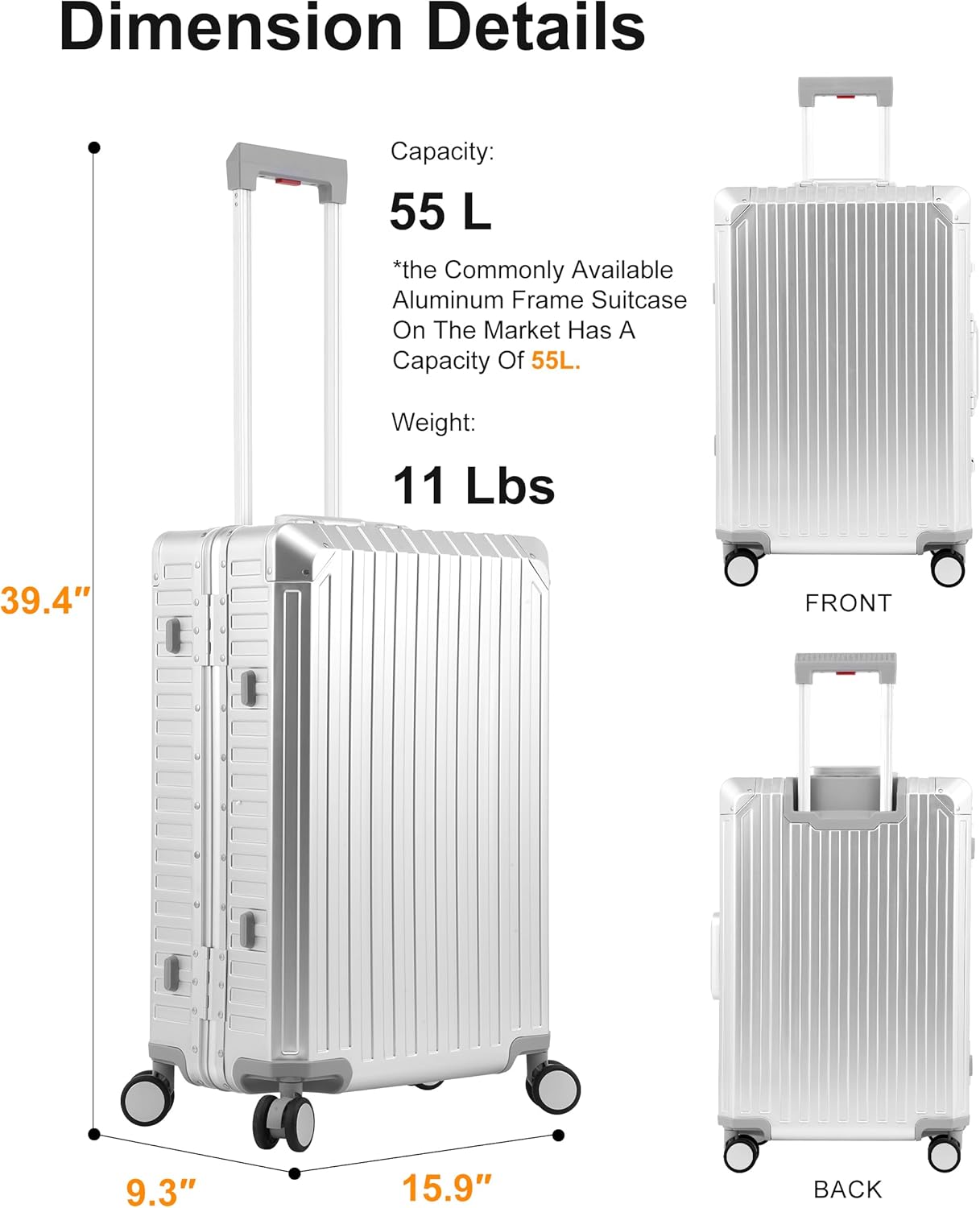 Mvst Luggage Premium All Aluminum Magnesium Carry On 20'' Lightweight Metal,Suitcase with Spinner Wheels Built-in Toiletry Set, Luggage Protector(silvery) (Silver, 24inch)