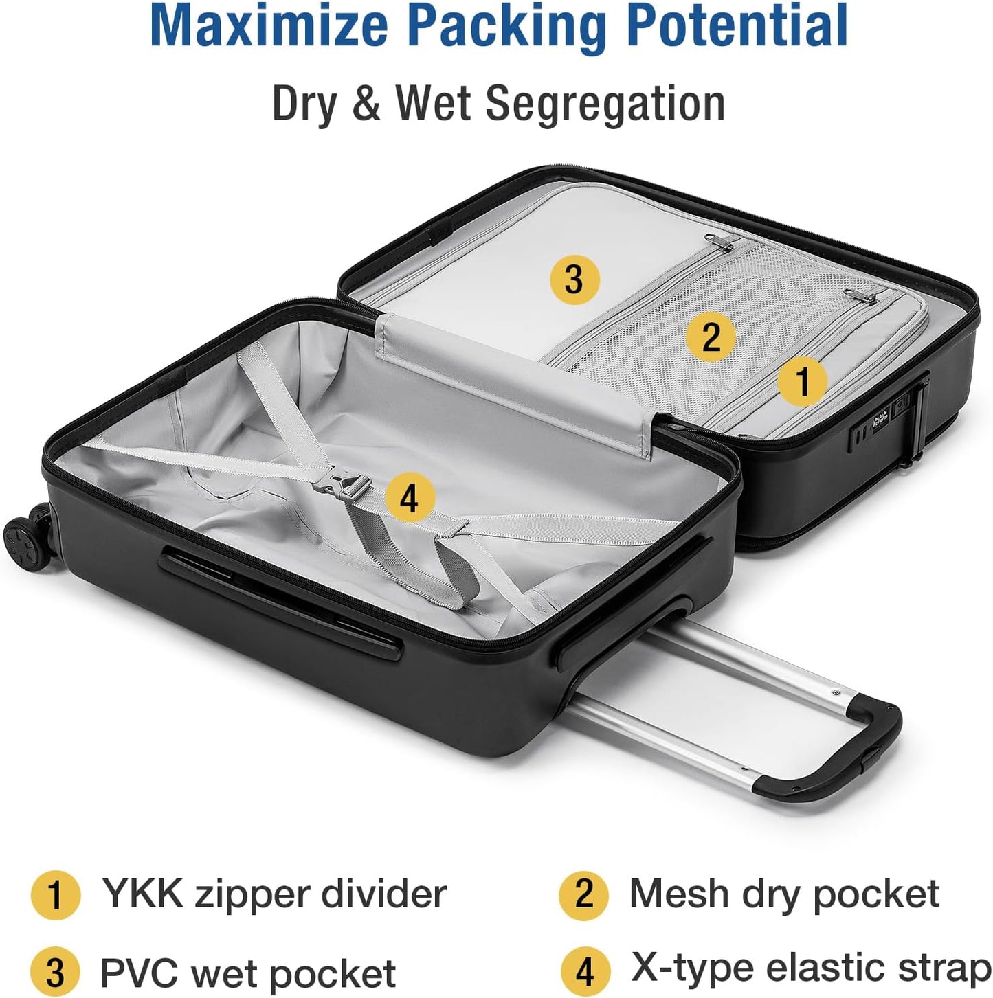 KYME Luggage Sets, 100% PC Suitcase With Double Spinner Wheels & TSA Lock, Hard Shell 3 Piece Set, 22/26/30, Black