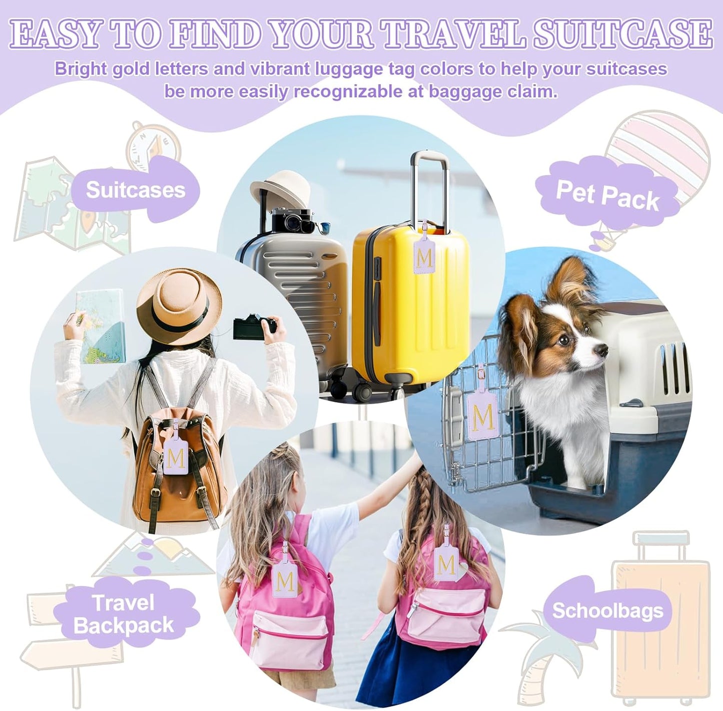 Personalized Initial Luggage Tags for Suitcase, Purple Leather Cute Luggage Tags with Privacy Cover Name Card, Embroidered Custom Monogrammed Luggage Tag Travel Backpack Tags Gifts for Women Kids(M)