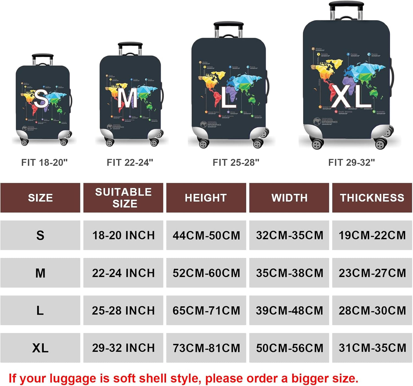 WUJIAONIAO Travel Luggage Cover Baggage Suitcase Protector Fit for 18-32 Inch Luggage (XL (for 29-32 inch luggage), map)