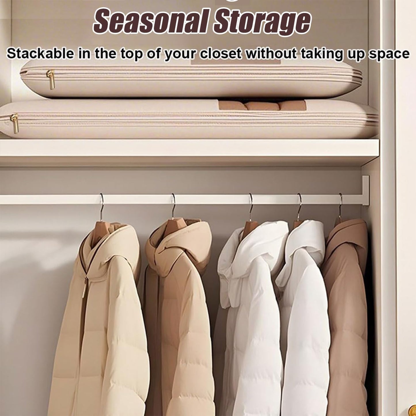 Space Saving Hanging Garment Bag with Self Compression Zipper, Space-Saving Dust-Proof Down Jacket Compression Storage Bag for Coats Blankets, Sweaters, Seasonal Clothes(Beige, XL)