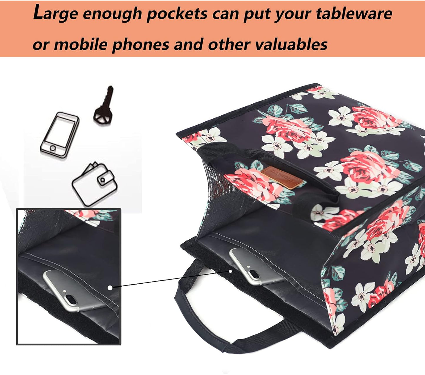 Lunch Bags for Women Insulated Reusable Lunch Tote with Internal Pocket, Lunch Tote bag for Work (Flower)