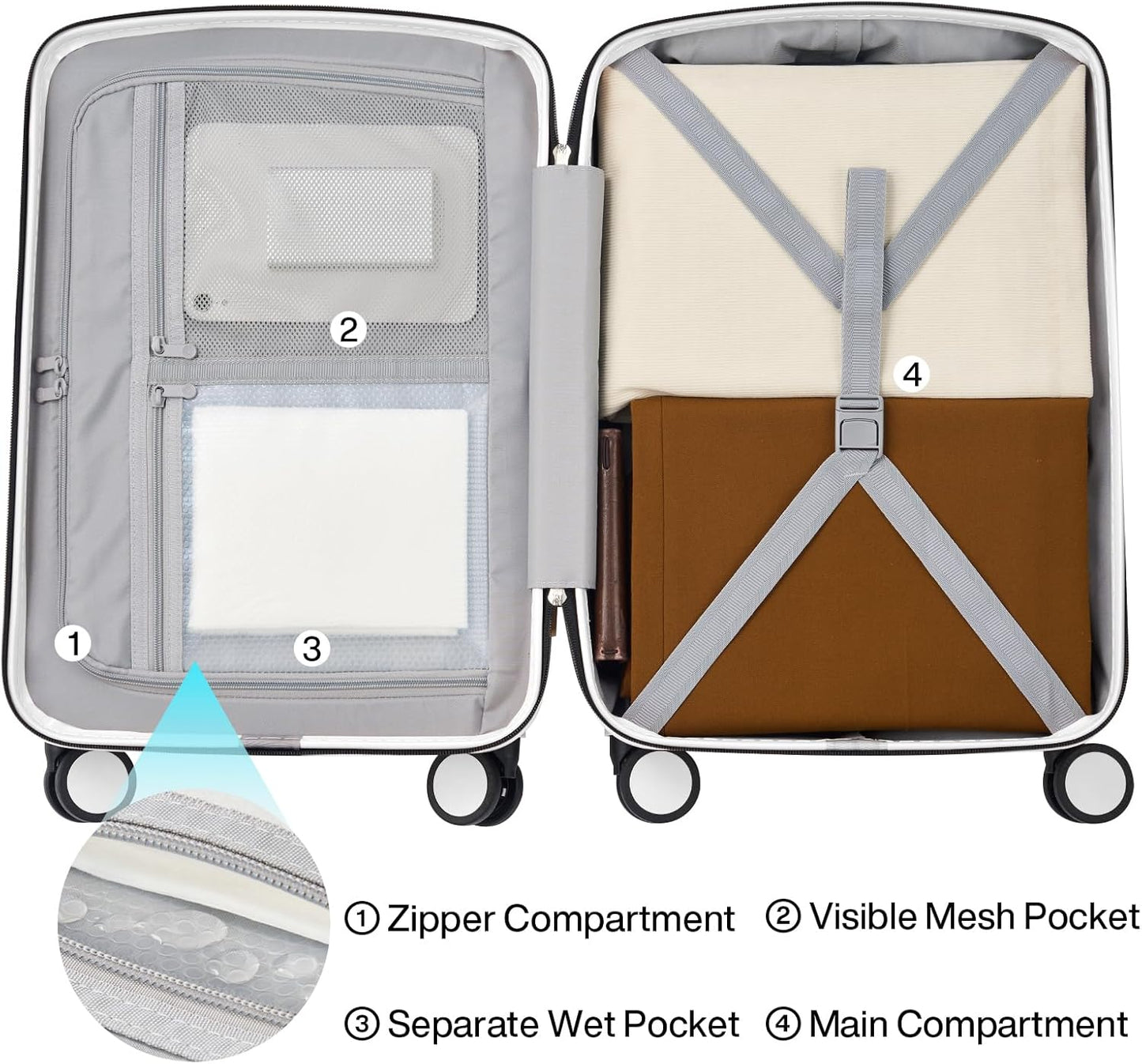 Hanke Hard Shell Luggage Sets 3 Pieces, Carry On and Checked Luggage Sets with Spinner Wheels, Durable PC Hardside Rolling Suitcase for Travel (16/24/28 Inch,Smoke White)
