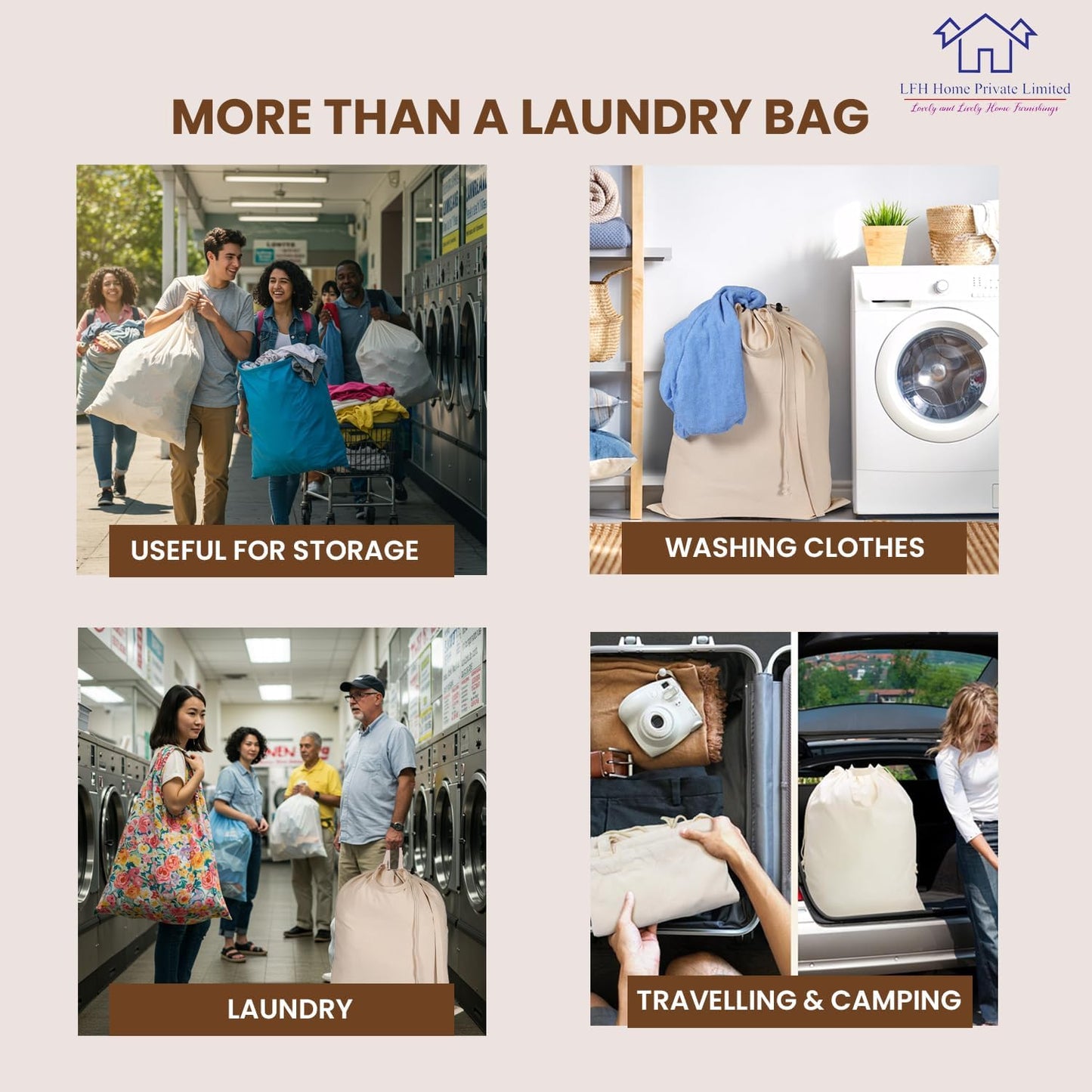 LFH Home Cotton Canvas Large Laundry Bag with Handle, Heavy Duty Drawstring Closure Washable Laundry Bags School Travel, Home, Hotel, College Dorm, Organizer Sack, Toys Clothes 20x30-Natural