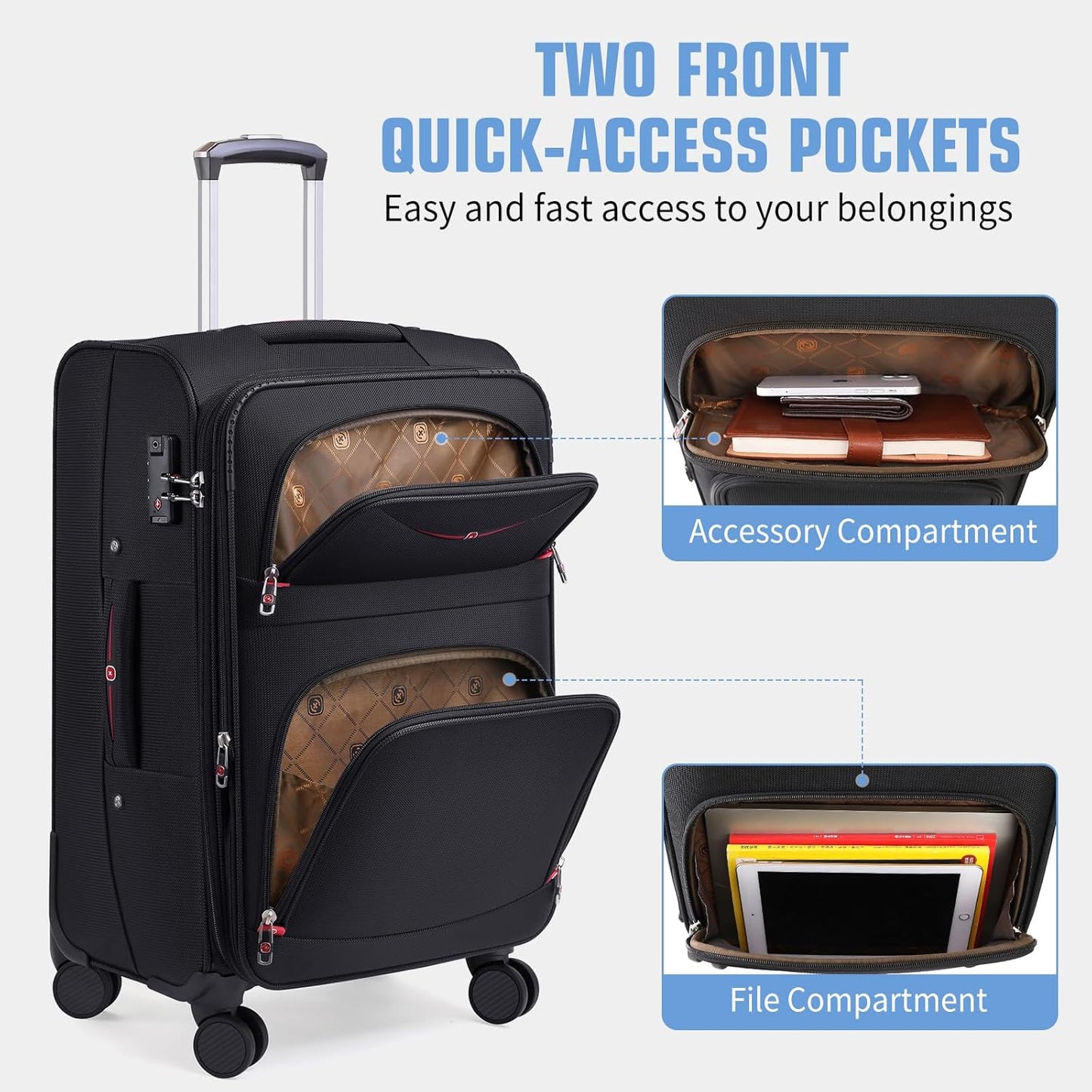 Softside Expandable Luggage with 4 Spinner Wheels, Durable Carry-On Luggage Suicase (Gray, 2-Piece Set 21/25)