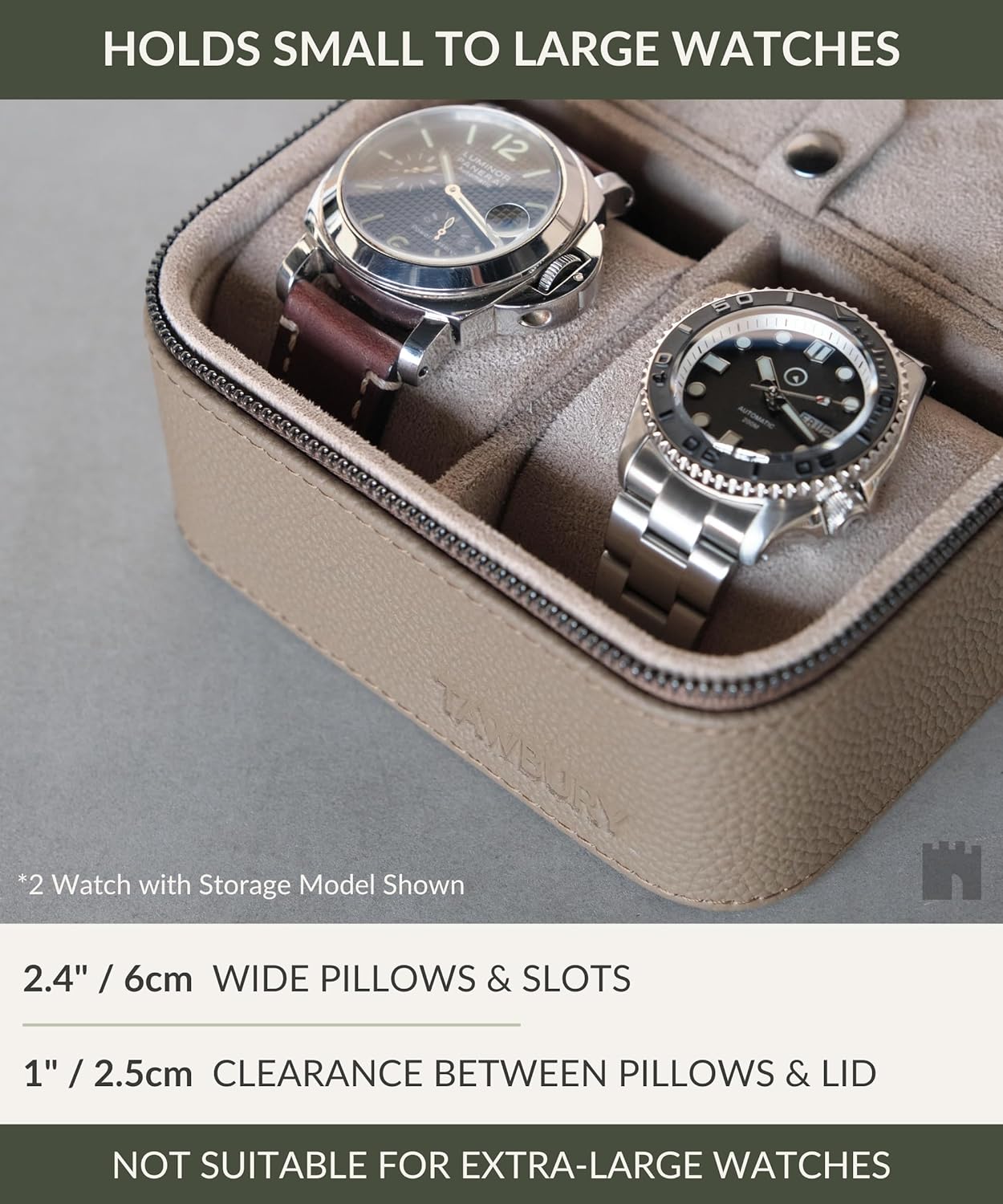 TAWBURY Luxury Leather Watch Box - Unisex Travel Case With Zipper Closure | Taupe Top-Grain Genuine Leather Roll | 3 Watch Carrying Case for Men
