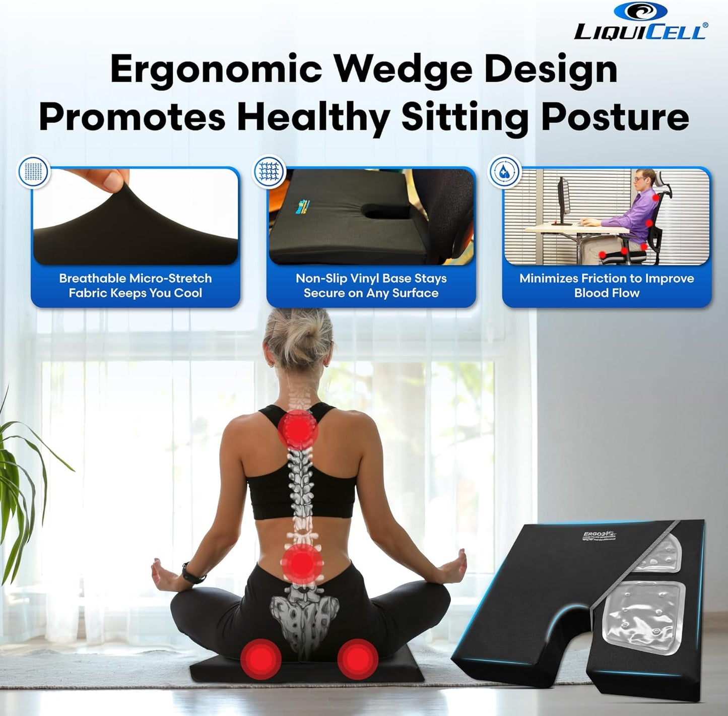 LiquiCell Coccyx Seat Cushion, Aid for Tailbone Pain Relief, Sciatica Pain, Back Support | Donut Like Butt Pillow for Long Hours Sitting at Home/Office Chair (17.5" W x 15.5" L x 2" H)