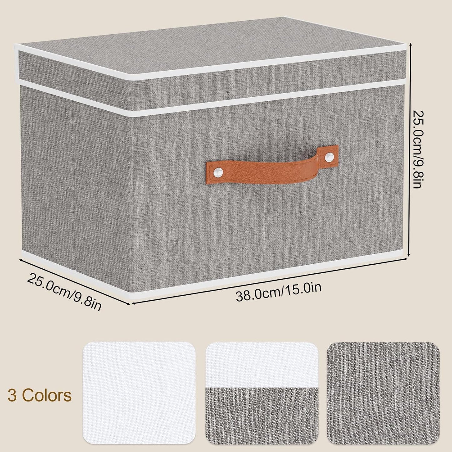 Collapsible Storage Bins with Lids, 3 Pack Linen Foldable Cloth Baskets, 15 x 9.8 x 9.8 Inch Closet Organizer Containers with Double Handles, Sweater Boxes for Bedroom, Grey