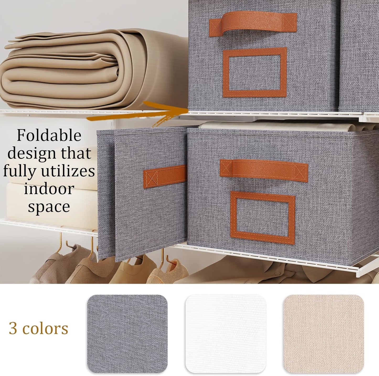 OUTBROS Foldable Storage Box for Shelves, 15 x 10.2 x 7.9 inch Fabric Baskets, Wardrobe Organiser with Handles, Suitable for Storing Clothes, Books, Cosmetics (Gray, 3-Pack)