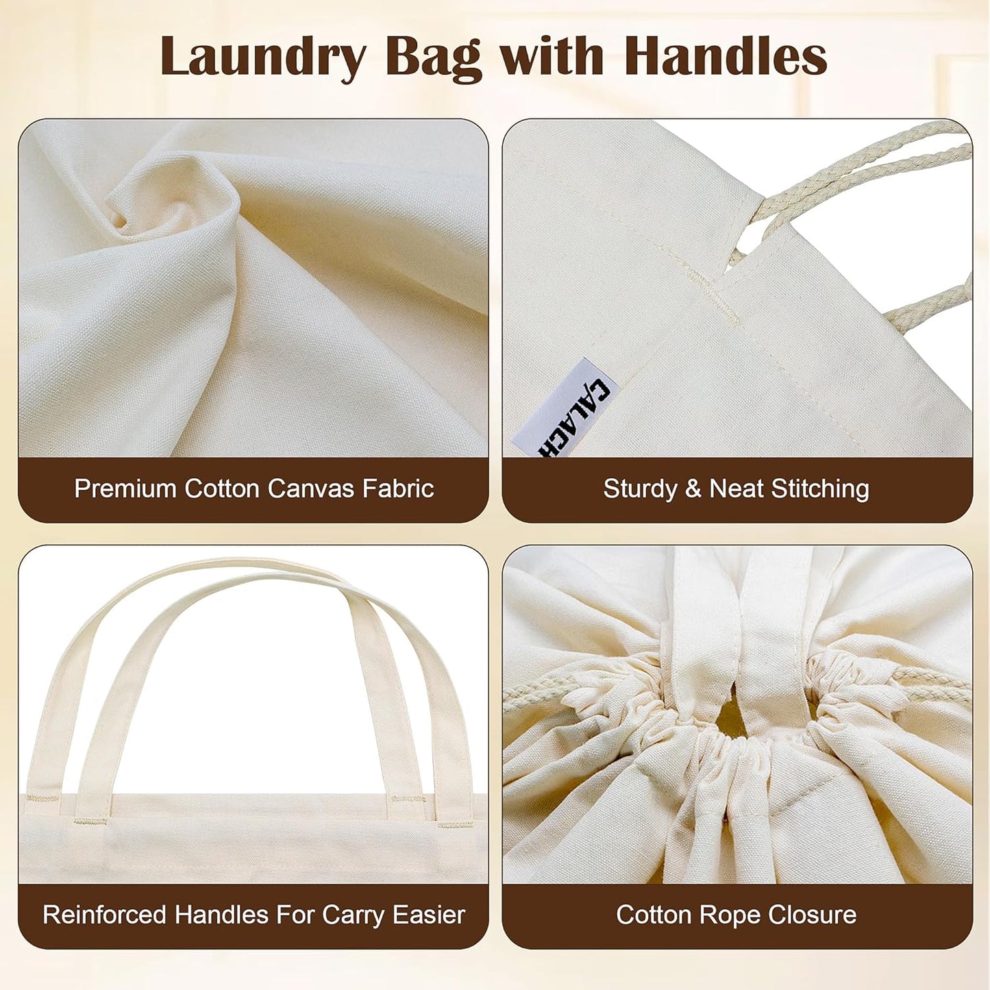Canvas Laundry Bags with Handles & Square Base13.8"x 13.8", Large Heavy Duty Laundry Basket Hamper Liner, College Dorm Washable Drawstring Cotton Dirty Clothes Bag (Natural,2 Pack)