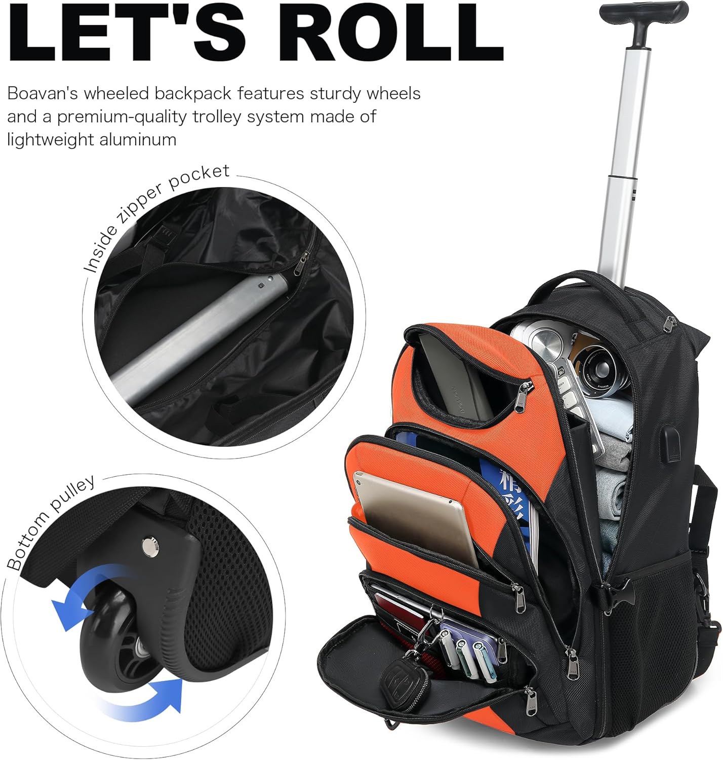 Boavan Rolling Backpack,17 inch Water Resistant Wheeled Backpack,Carry on Luggage Business Bag, Overnight College Computer bag Trolley Suitcase for Men Women Adults to Travel,Black&Orange