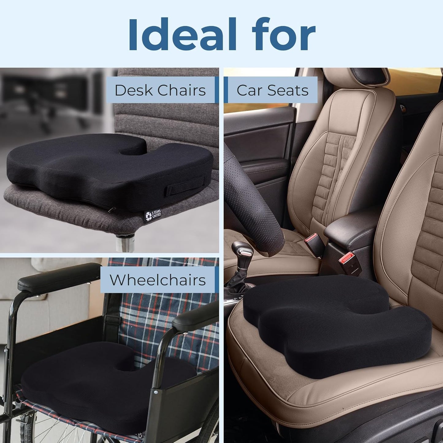 5 STARS UNITED Seat Cushion for Tailbone Pain Relief ā Large Memory Foam Cushion for Coccyx, Hip, Sciatica & Post-Surgery Recovery ā Wheelchair, Car, Desk, Gaming & Office Chairs, Blue