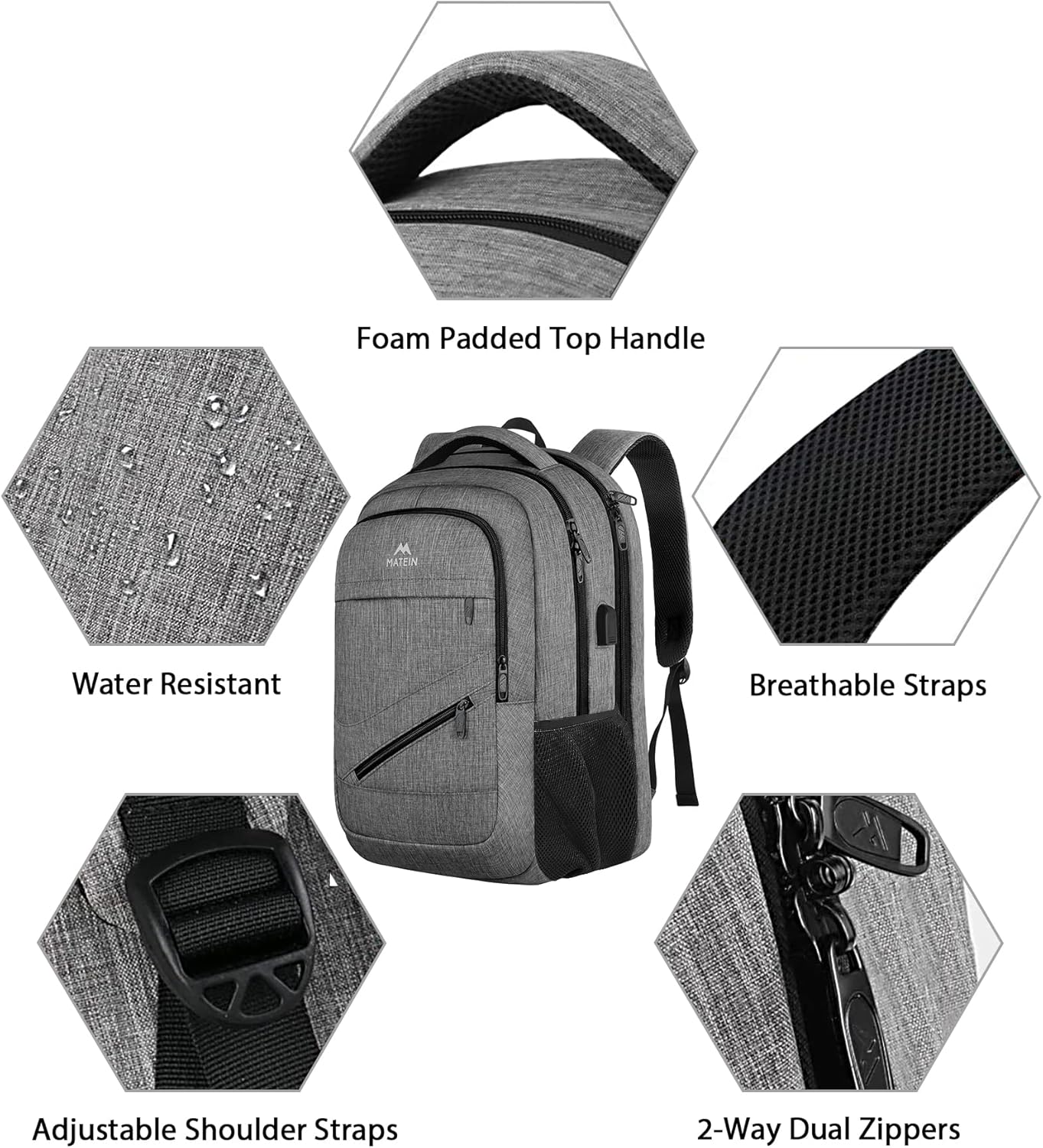 MATEIN Travel Laptop Backpack, 17 Inch Work TSA Approved Carry on Backpack, Large Computer Business Bag for Men Women with USB Port and Trolley Sleeve, College School Rucksack Book Bag, Grey