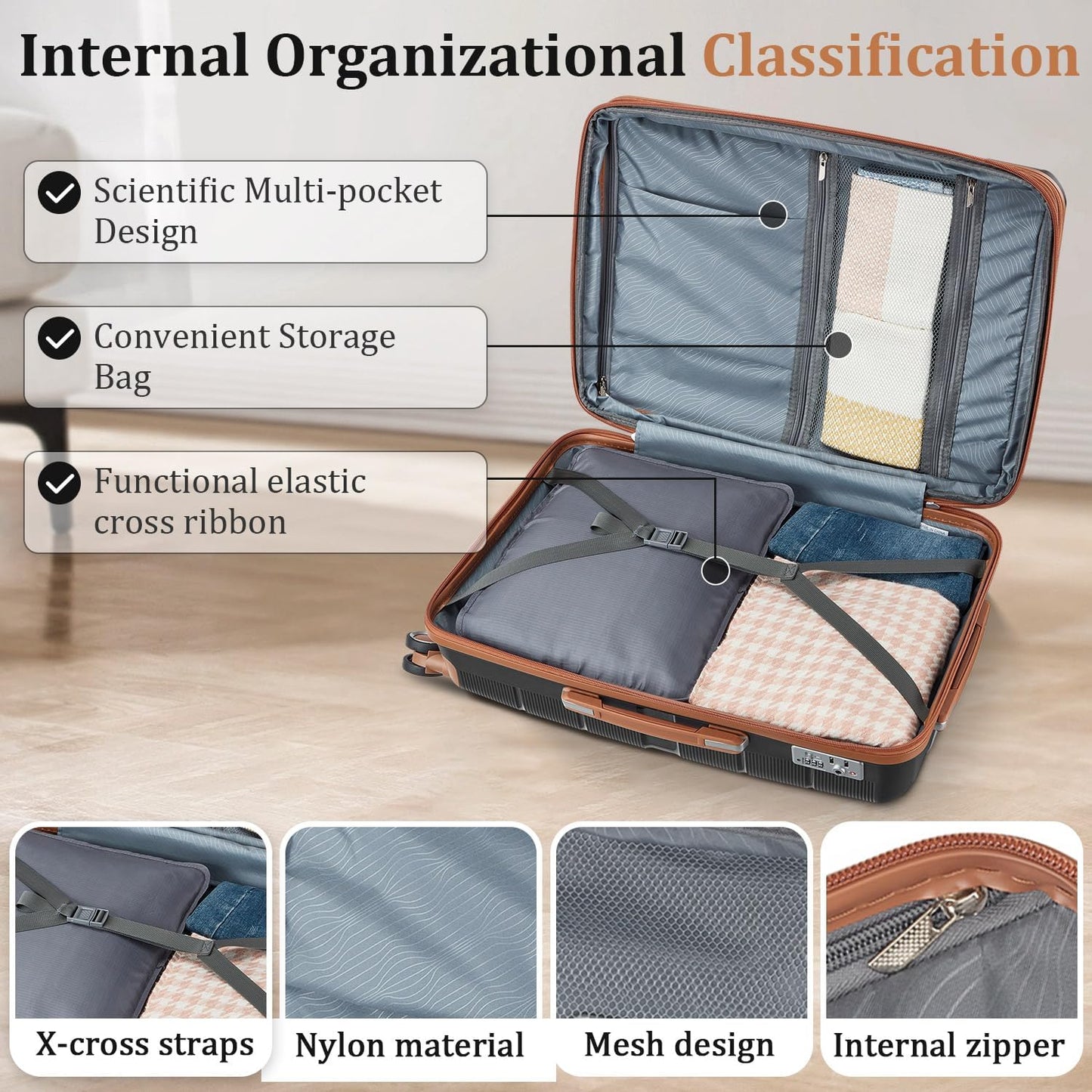 Campfun Luggage 4 Piece Sets, Expandable Carry On Luggage Set Hardshell PP, Suitcase Set with Double Spinner Wheels, Checked Durable Lightweight with TSA Lock, 14in 20in 24in 28in-Black Brown(A)