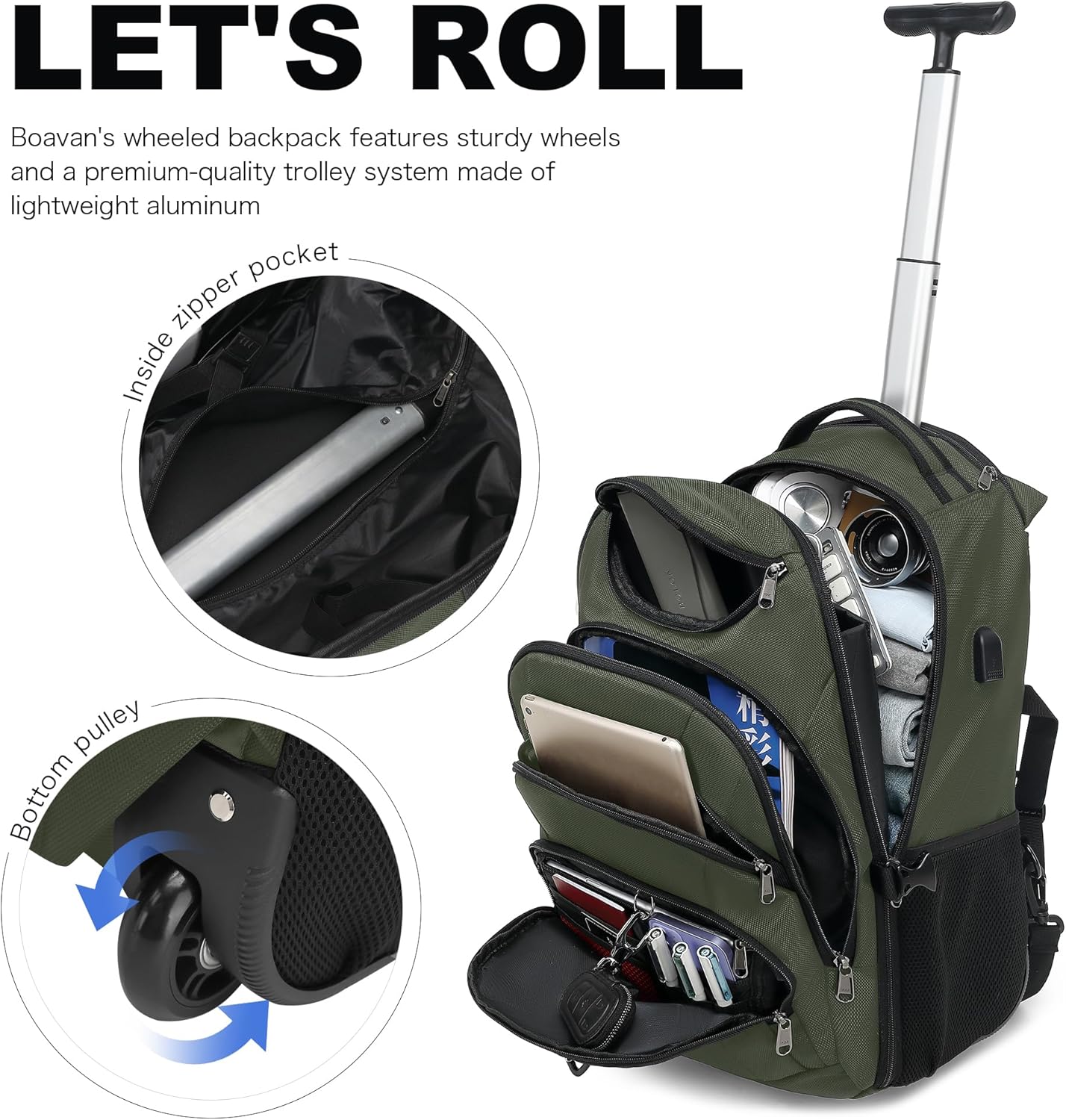 Boavan Rolling Backpack,17 inch Water Resistant Wheeled Backpack,Carry on Luggage Business Bag, Overnight College Computer bag Trolley Suitcase for Men Women Adults to Travel,Green