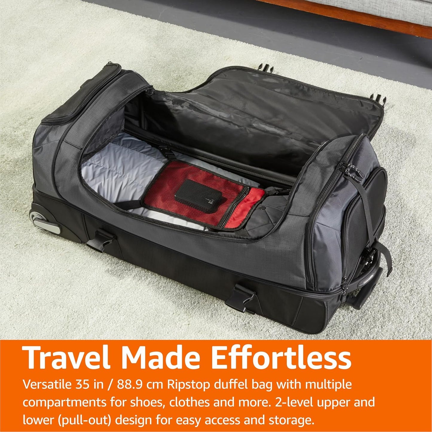 Amazon Basics 35-inch Large Rolling Duffle Bag with Wheels and Handle, Travel Duffle Bag with Durable Ripstop Polyester Material, 2 Layers of Space, Multiple Interior and Exterior Pockets, Black