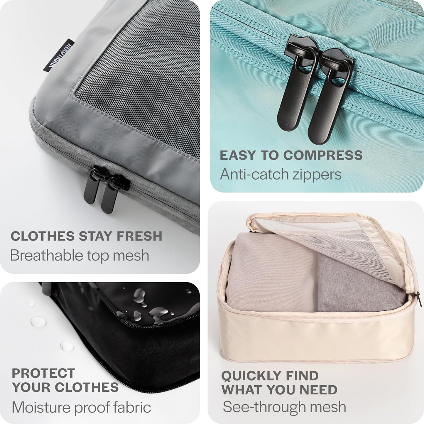 Compression Packing Cubes for Travel - Luggage Organizer Bags - Double Zipper Packing Cubes for Suitcases (2-Pack, Light Grey)