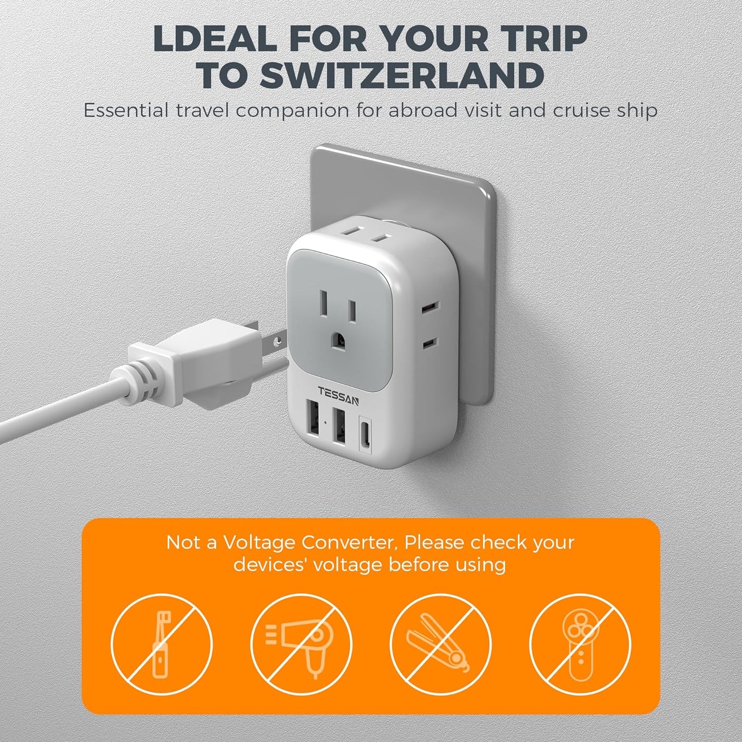 Switzerland Power Adapter 2 Pack, TESSAN Type J Adaptor with 4 Outlets 3 USB Charging Ports(1 USB C), Swiss Travel Plug for US to Switzerland, Liechtenstein, Rwanda