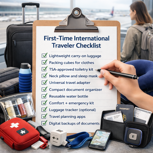 First-time international travel checklist with carry-on luggage and essential travel accessories prepared for airport travel.