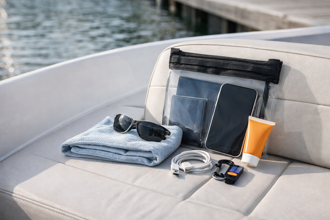 Boating essentials arranged neatly on a boat seat with small personal items kept visible and easy to reach