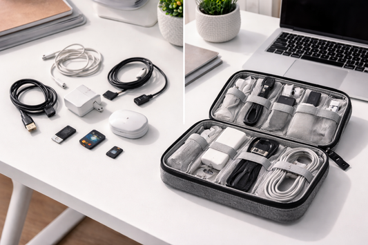 Charging cables, adapters, and small tech accessories organized in a case on a bright desk