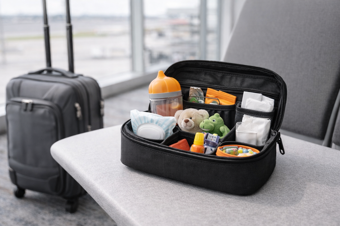 Child travel essentials organized in a small carry bag with frequently used items kept easy to reach during travel