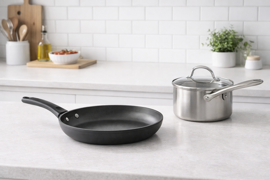 Frying pan and saucepan placed on a bright kitchen counter in a simple everyday cooking setup