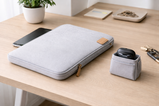 Laptop sleeve and small device holder arranged on a bright surface for easy protection and quick access